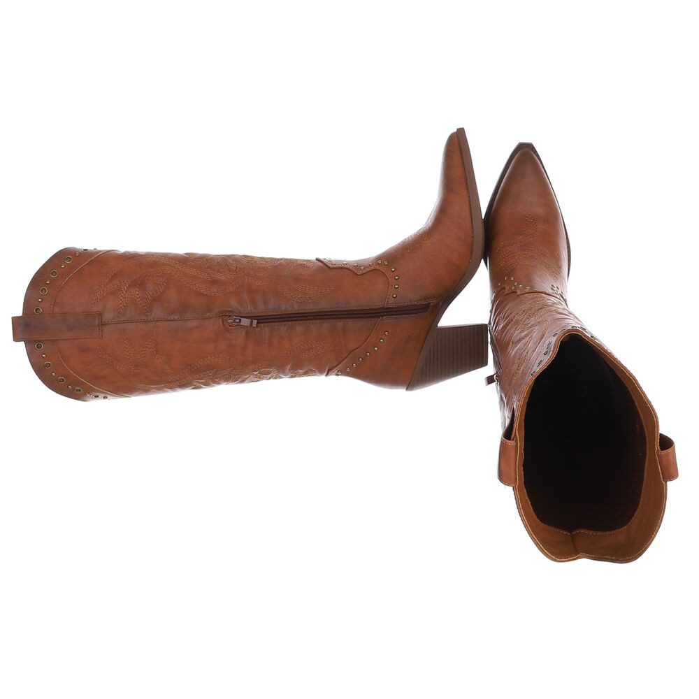 Ital-Design Damen Cowboystiefel mit Blockabsatz und Stickerei Westernstiefel (92002475) Blockabsatz Stiefel in Camel