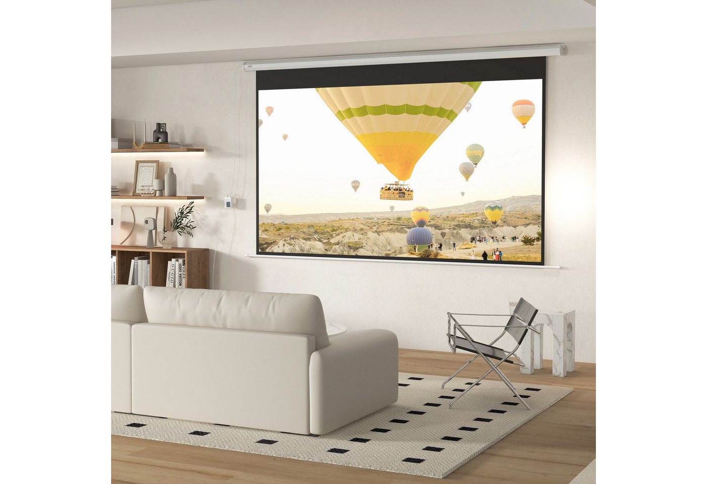 Thumbnail - HOMCOM Leinwand 16:9 Projektionswand, Motorisierte Projektionswand mit Fernbedienung, für Wohnzimmer, Weiß