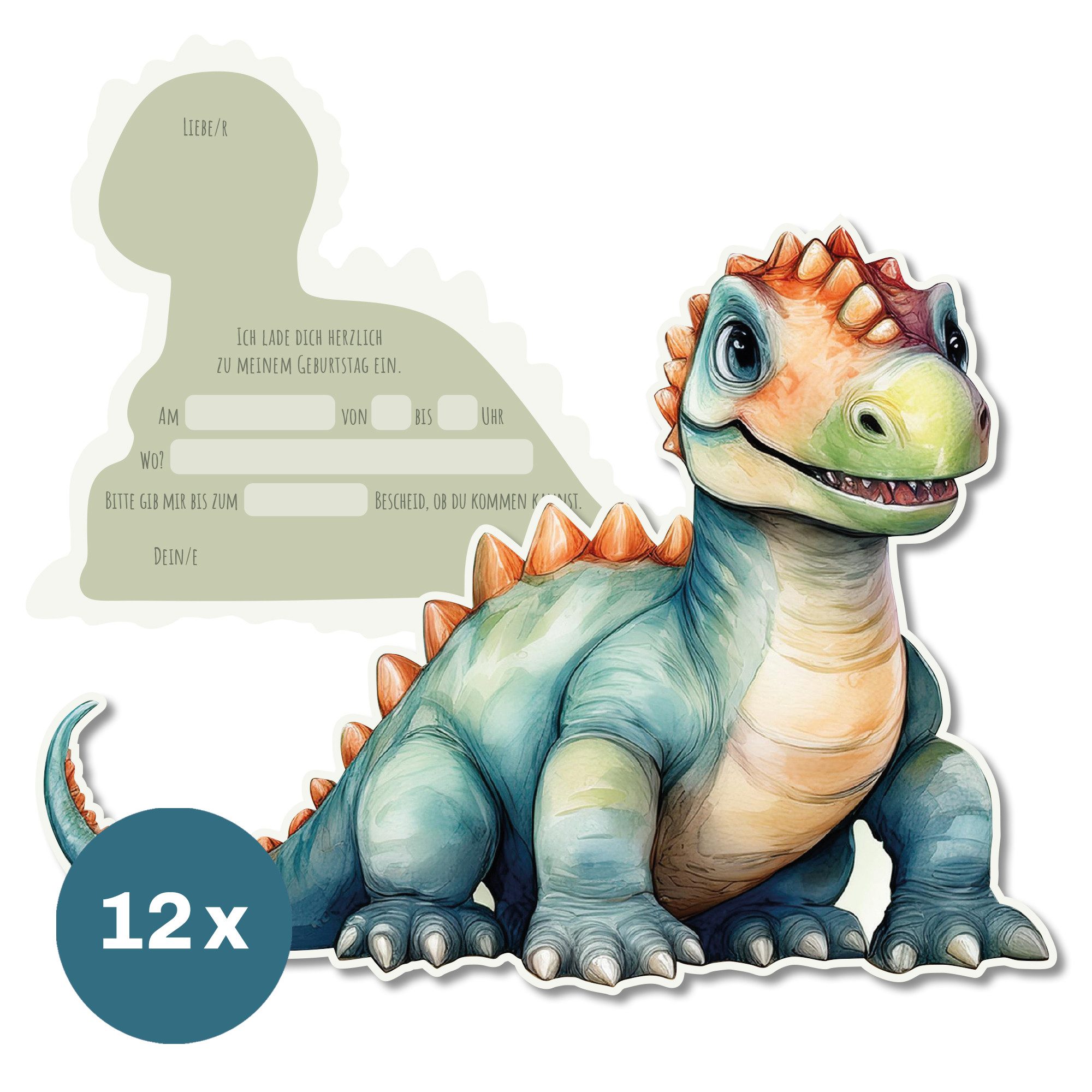 CUPCAKES & KISSES Einladungskarten 12x Dino Einladungskarten Kindergeburtstag für Mädchen & Jungen, Dino