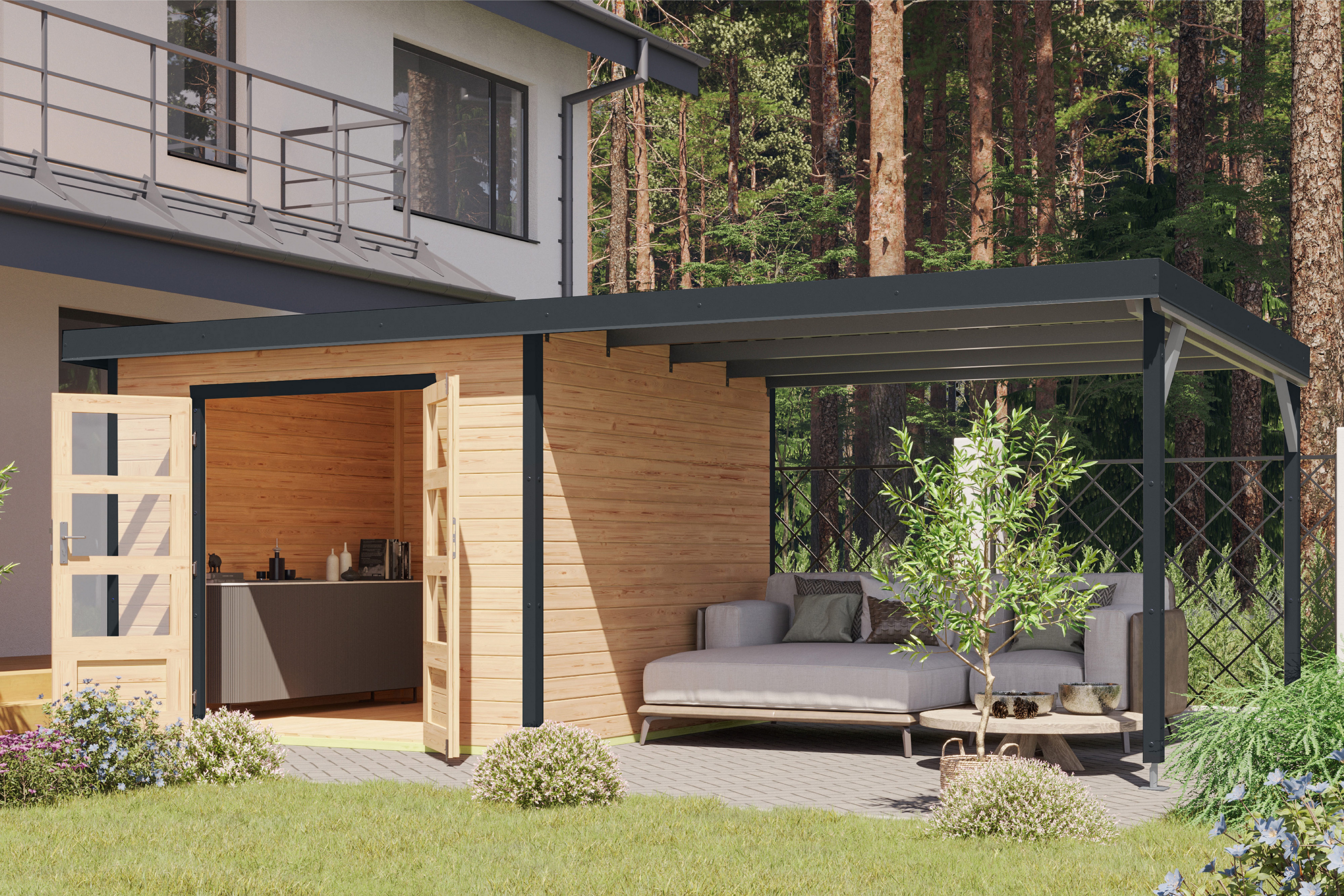 Karibu Gartenhaus Plutino 6 SET, in verschiedenen Farben, BxT: 595,5x292,4 cm, (Set), inkl. Anbaudach