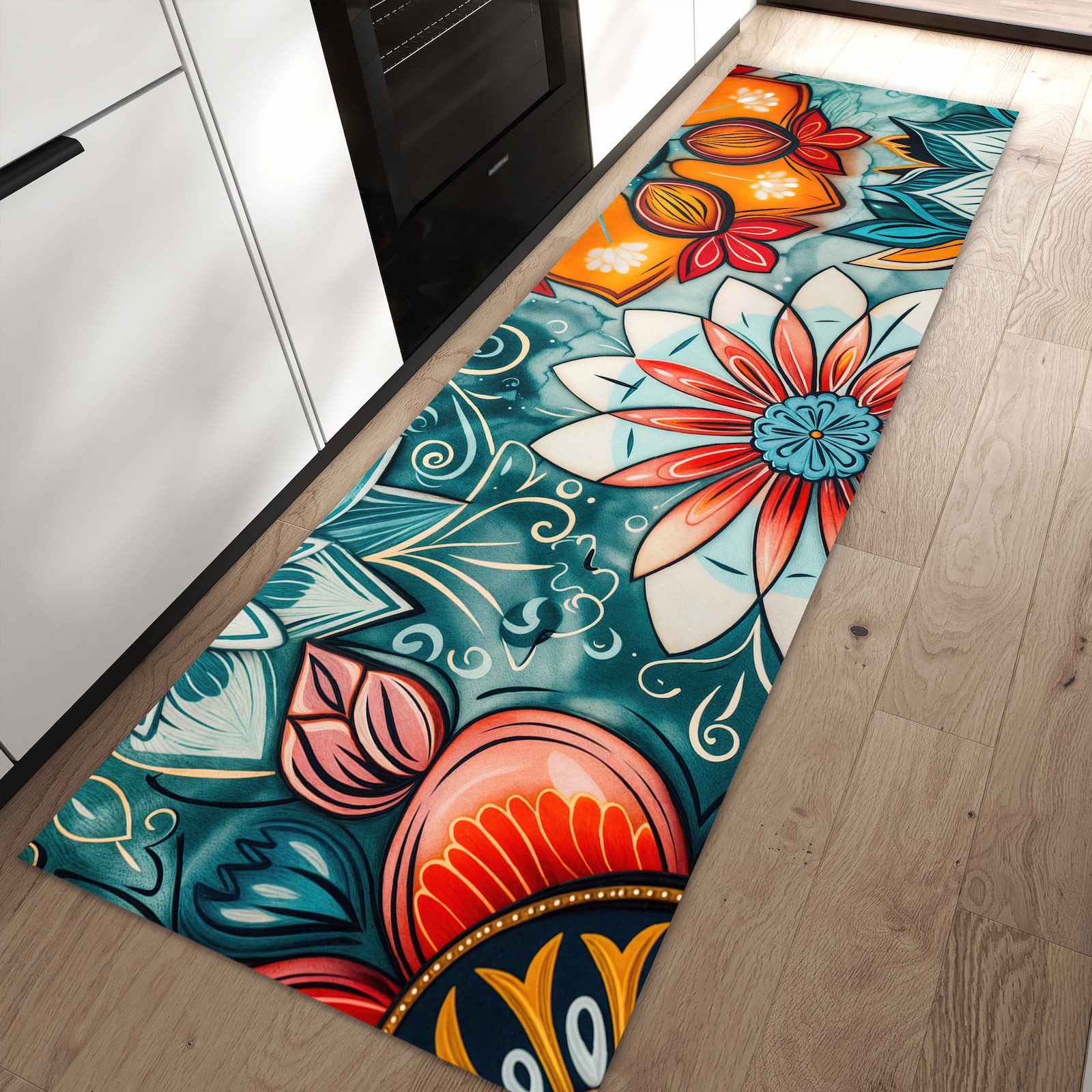 Primedeco Teppich Küchenteppich Blumenmuster Mandala PVC rutschfest abwaschbar Läufer, Rechteckig, Höhe: 3 mm, Pflegeleicht & Wasserabweisend