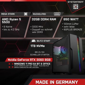 SYSTEMTREFF Basic Gaming-PC (AMD Ryzen 5 5500, GeForce RTX 3060, 32 GB RAM, 1000 GB SSD, Luftkühlung, Windows 11, WLAN)