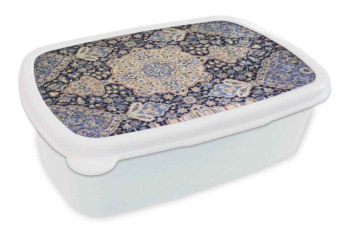 MuchoWow Lunchbox Persischer Teppich - Teppich - Mandala - Blau, Kunststoff, (2-tlg), Brotbox für Kinder und Erwachsene, Brotdose, für Jungs und Mädchen weiß