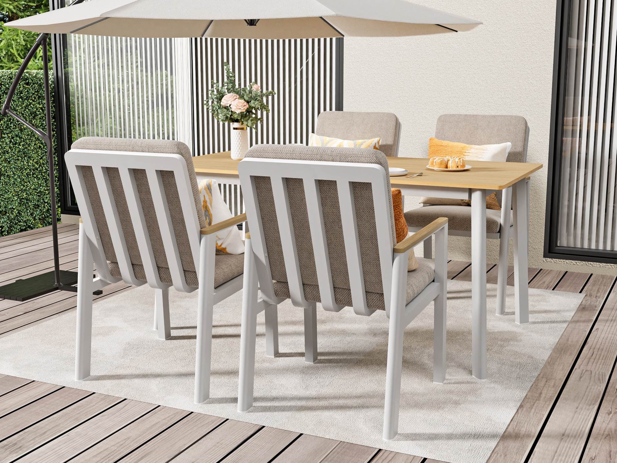 MeXo Gartenlounge-Set Garten Essgruppe für 4 Personen, (Gartenmöbel Set aus Aluminium, 5-tlg., mit PS-Tisch & bequemen Sesseln inkl. Kissen), Ideal für Garten, Terrasse & Balkon