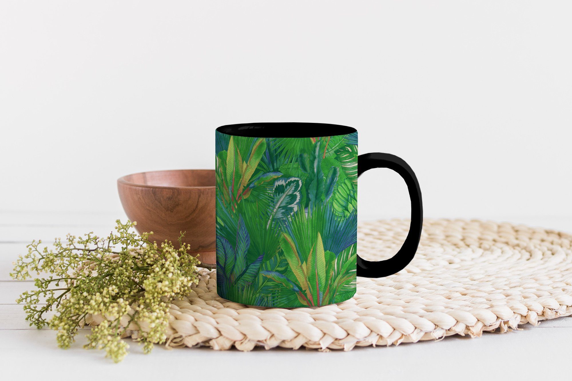 Geschenk Teetasse, Keramik, Blätter Zaubertasse, - - Muster, Tasse Farbwechsel, MuchoWow Tropisch Kaffeetassen,