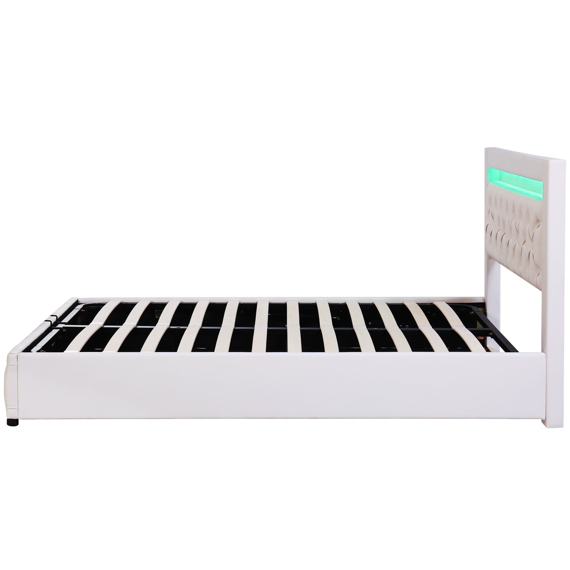 Boxspringbett (Hydraulisches Bett 140x200cm mit Bettkasten), Polsterbett mit LED-Beleuchtung, Kunstleder, weiches Kopfteil