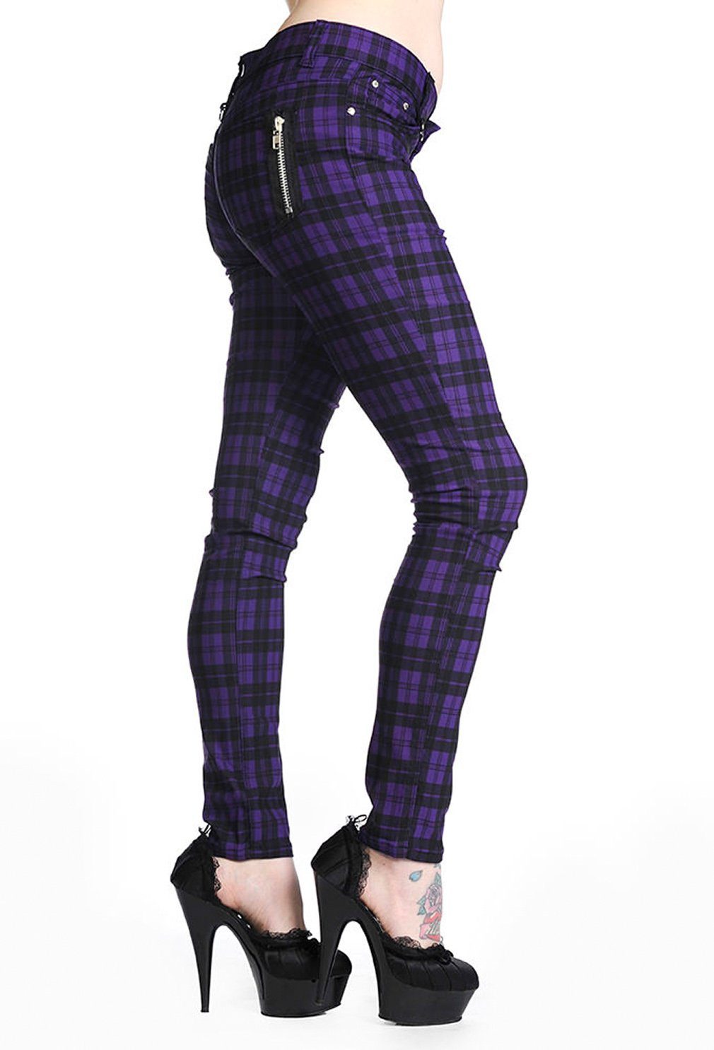 Banned Röhrenhose Forever Yours Lila Skinny Jeans Kariert Tartan