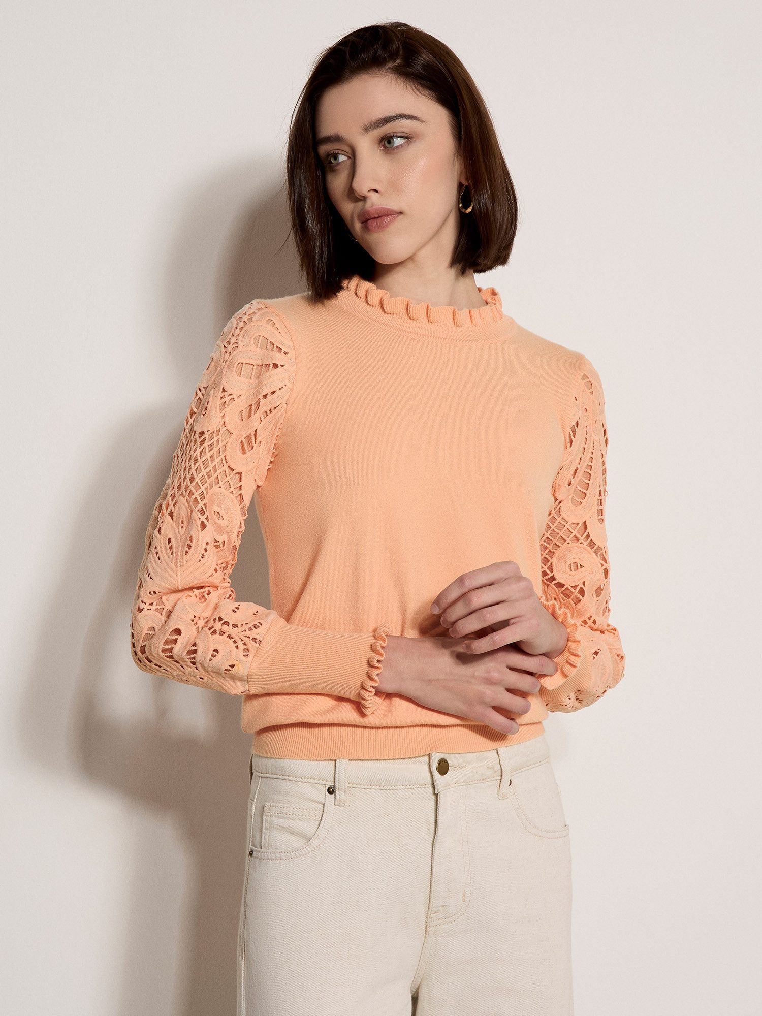 Apricot Rundhalspullover Mesh-Pullover aus Spitze