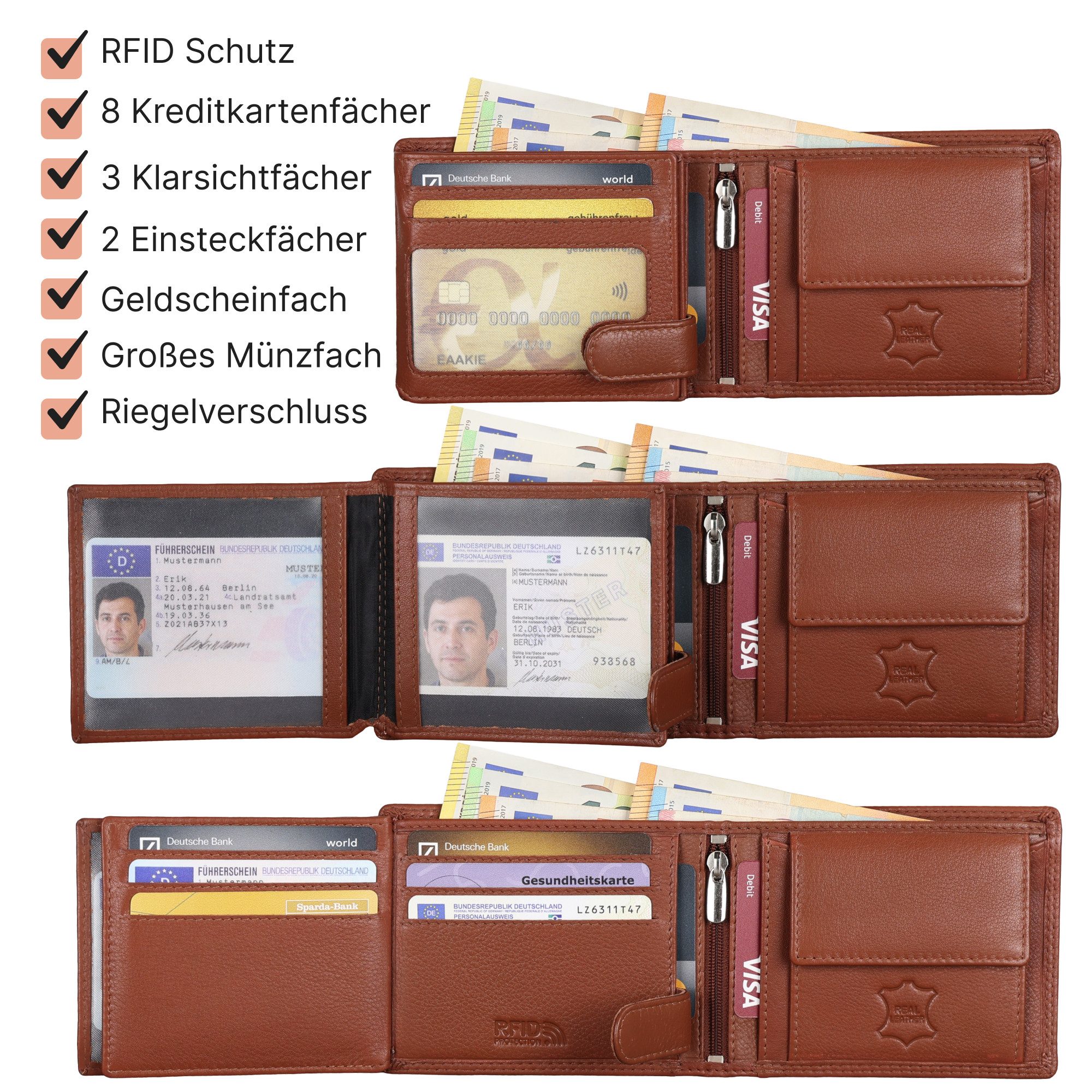 EAAKIE Geldbörse RFID echt Leder Portemonnaie Geldbörse Herren Rindleder, RFID Schutz