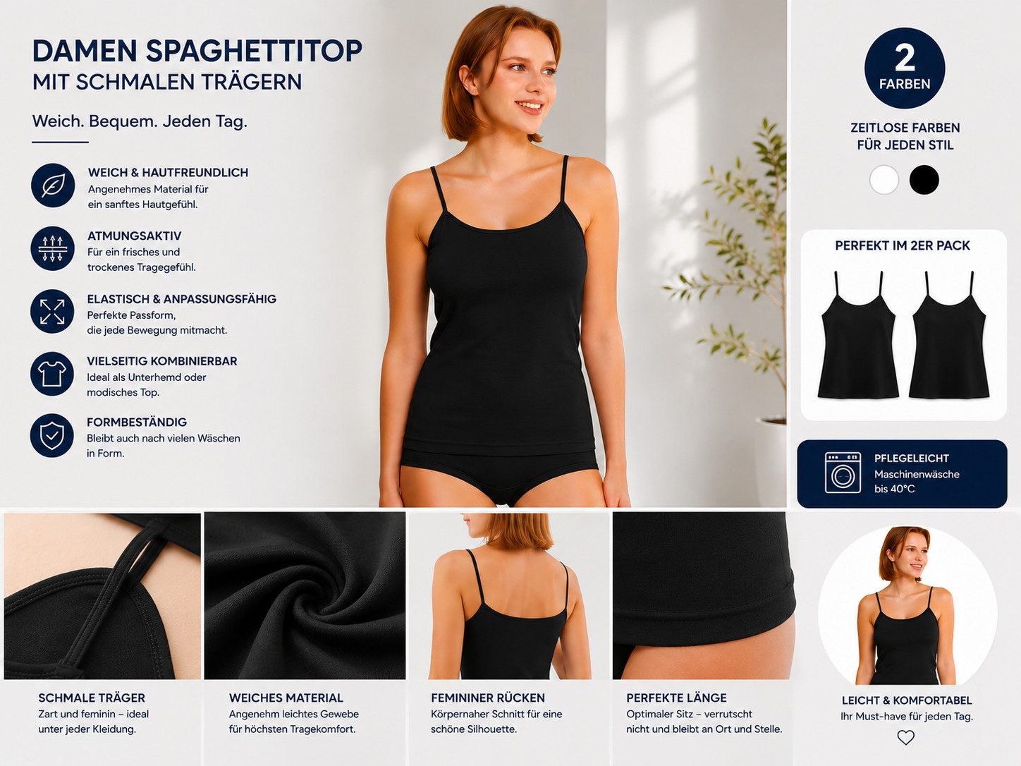 DDOnlineShop Unterhemd Damen Spaghettiträger Tank Top Schwarz 4er Pack (Spar-Set, 4-St., 4er-Pack) Premium Qualität A2016