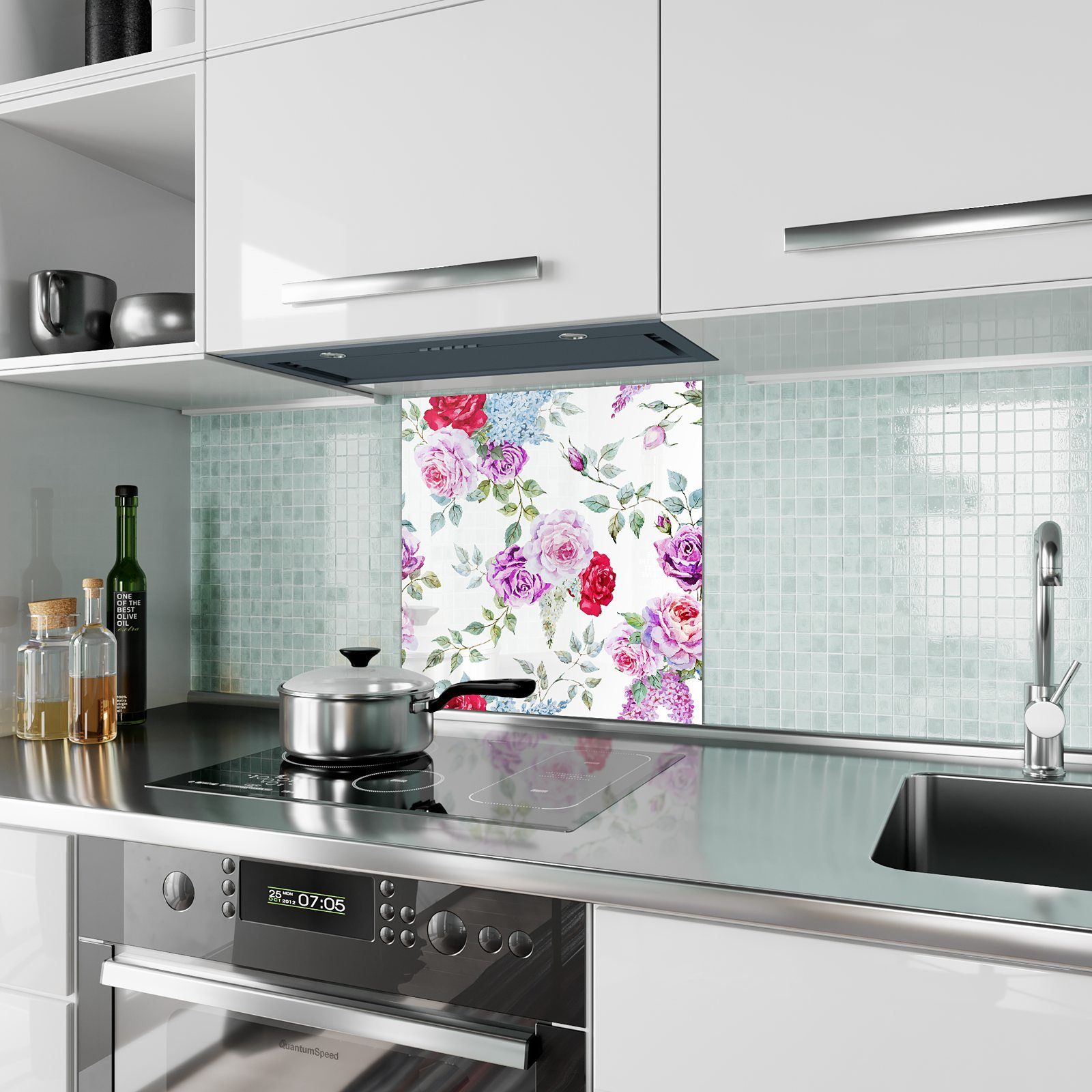 Primedeco Küchenrückwand Spritzschutz Glas Blumenmuster