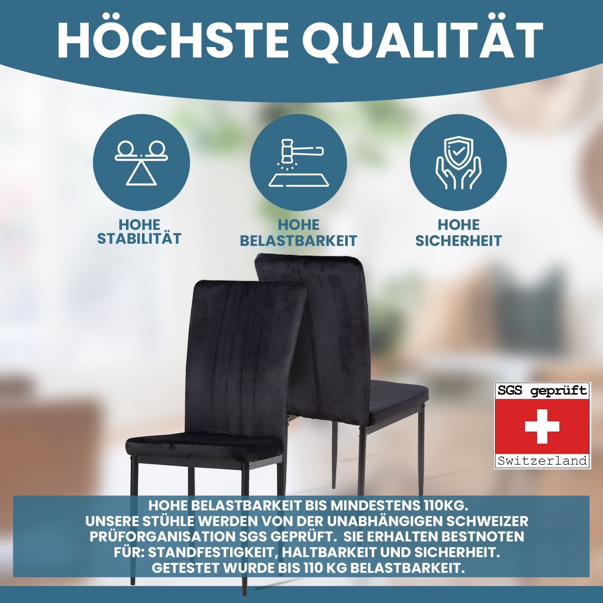 Albatros International Esszimmerstuhl Esszimmer Stühle 4 er Set MODENA, Stuhl Stühle Esszimmerstühle, Küche (6er Set, Schwarz, Samt Bezug), Küchenstuhl Küchenstühle Essstühle für den Esstisch Ess Stühle