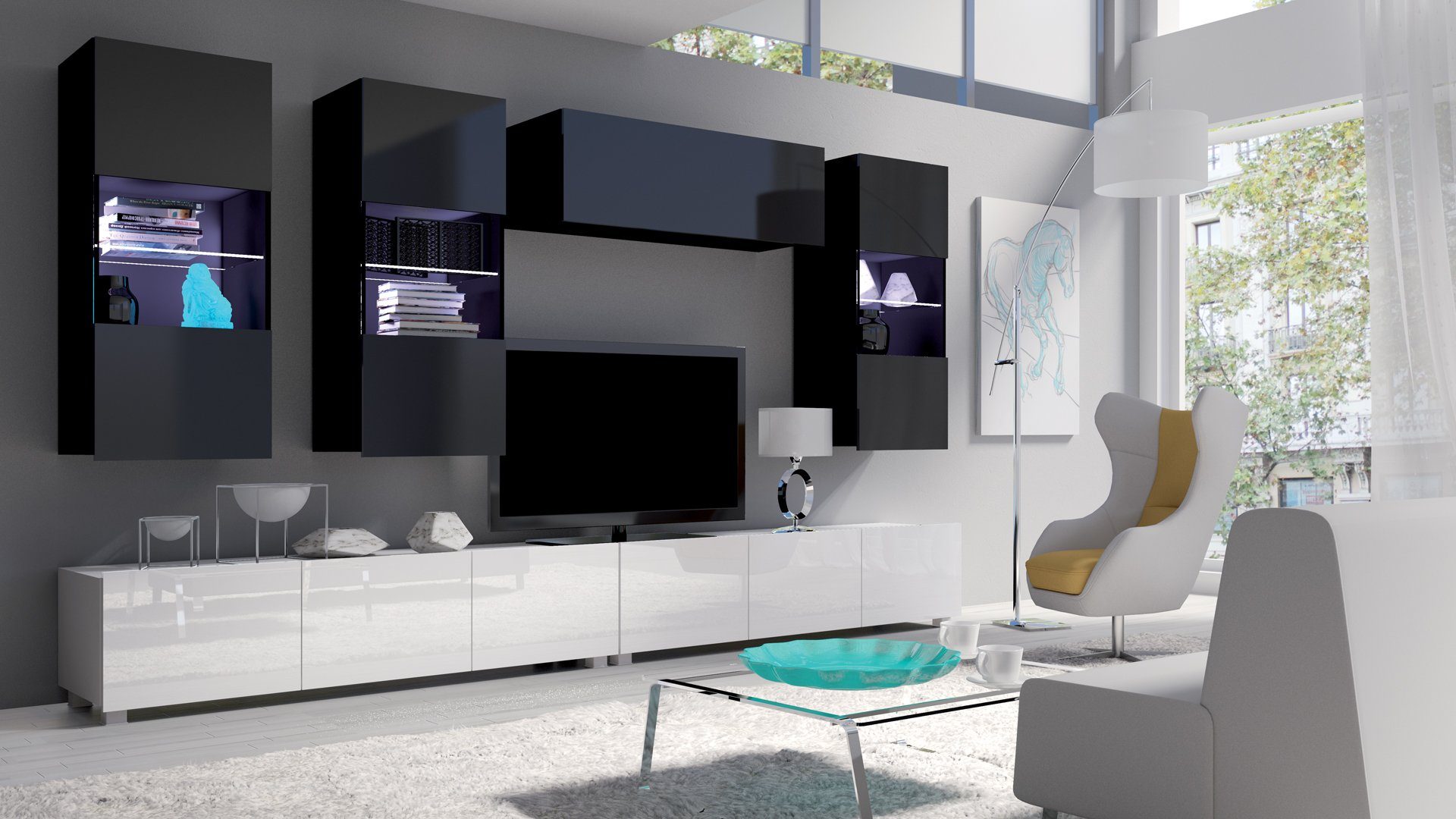 Stylefy Wohnwand Bietula, (Set (6-St), Wohnzimmer-Set), 6-teilig, wahlweise mit LED-Beleuchtung, Modern Design, variabel hängbar Weiß Hochglanz - Schwarz Hochglanz