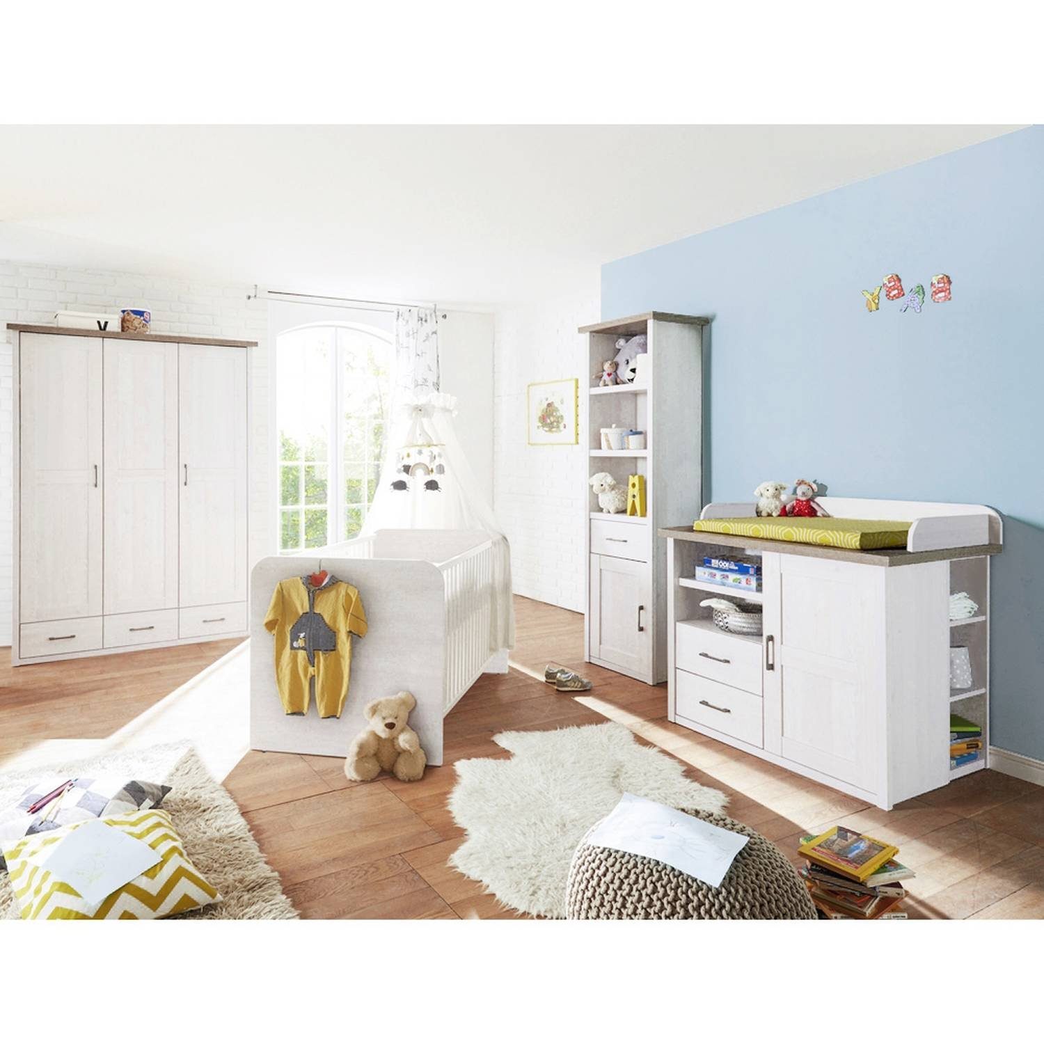 Möbel Babymöbel Lomadox Babyzimmer-Komplettset LUND-78, Babymöbel 4er-Set im Landhausstil in Pinie weiß Nb./Trüffel Eiche Nb.