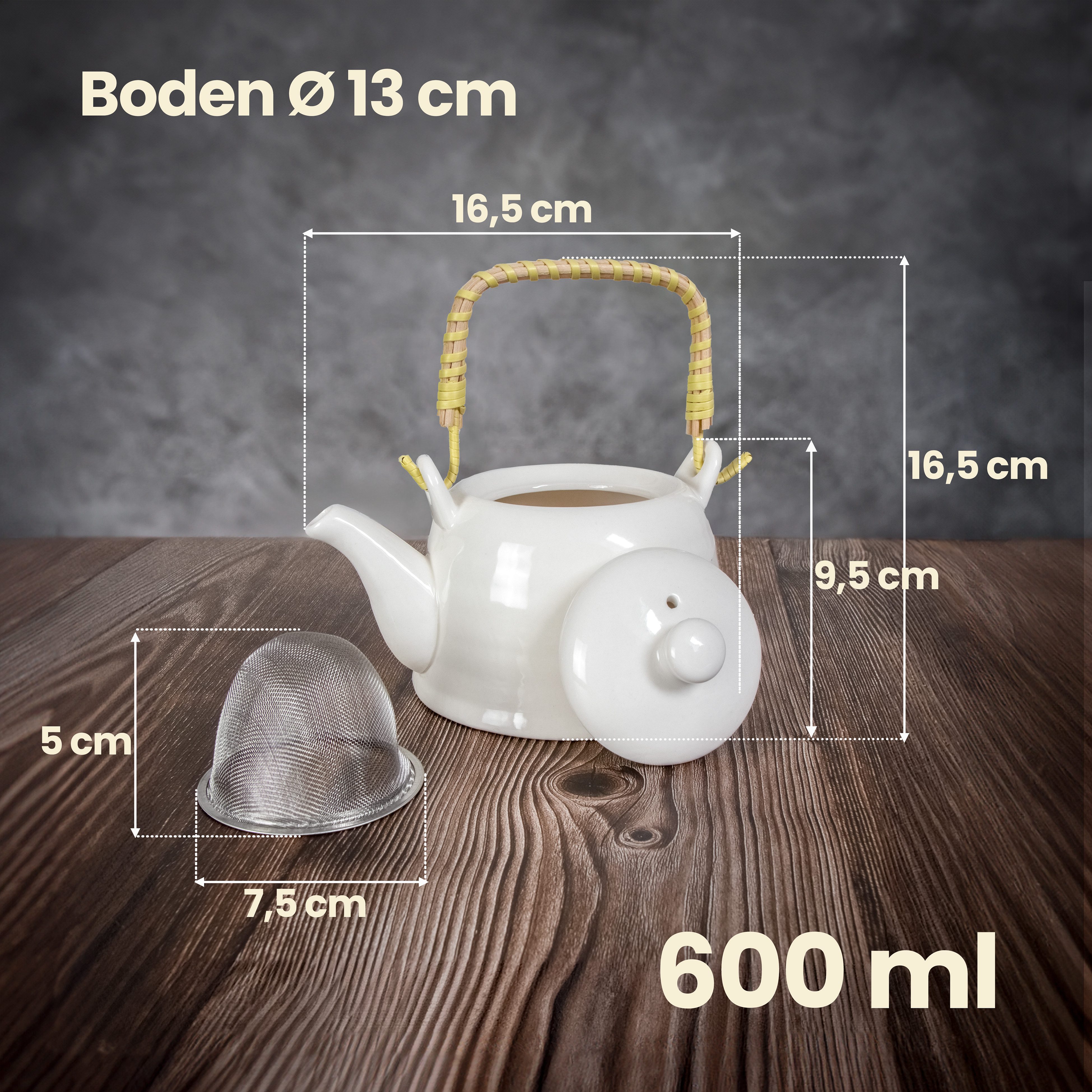 KVOTA Teekanne aus Keramik Teebereiter mit Sieb Teekessel mit Siebeinsatz Weiß 600ml, 0.6 l, hochwertige Keramik, Edelstahl-Sieb – Bild 5 von 5