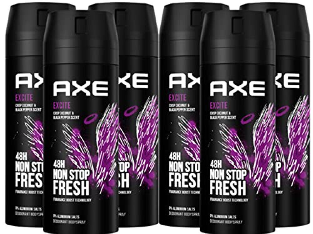 axe Deo-Spray 6x Axe Bodyspray Excite ohne Aluminiumsalze 150 ml, 6-tlg.