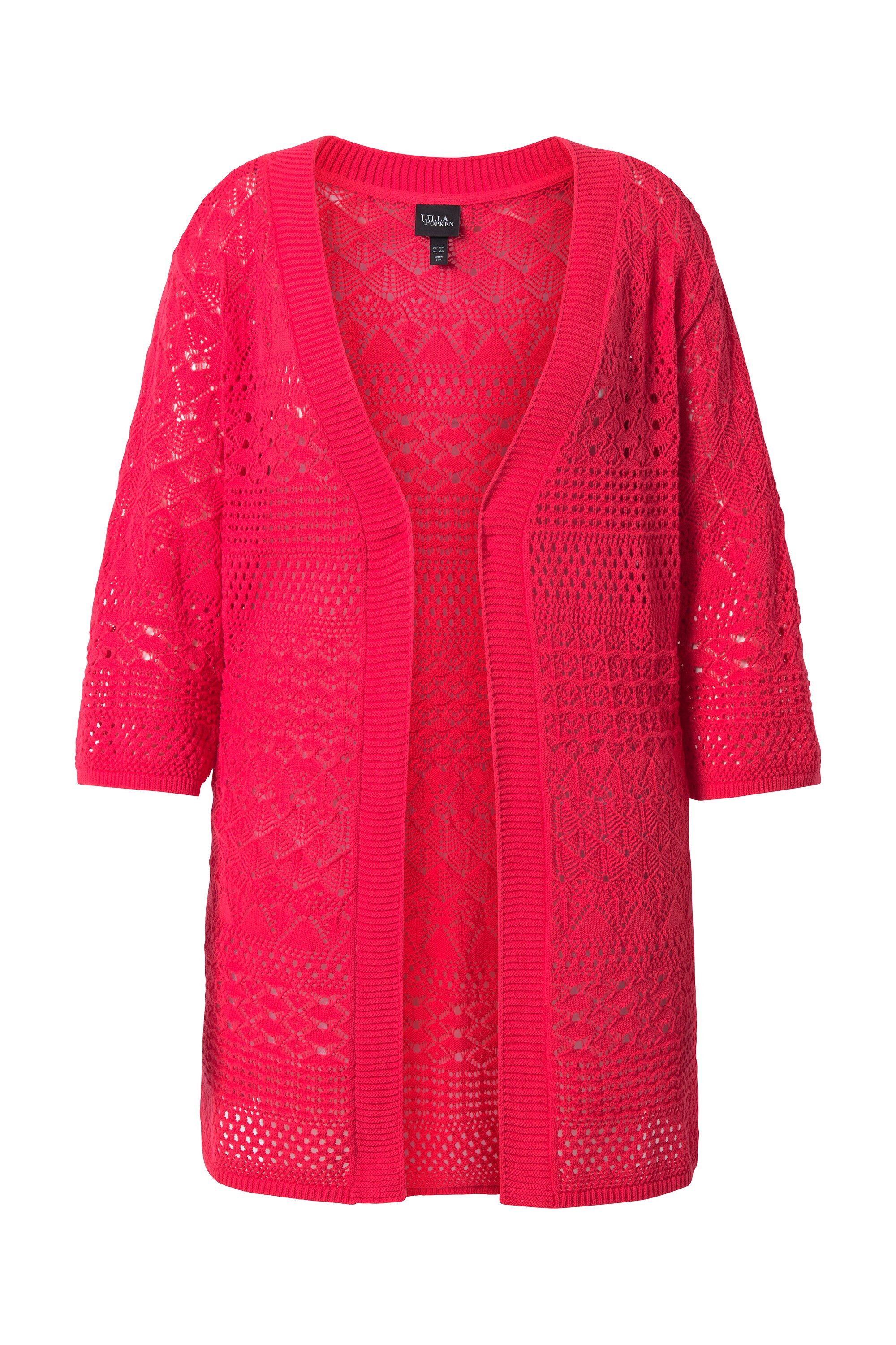 Ulla Popken Strickjacke Long-Strickjacke Ajourstrick offene Form 3/4-Arm