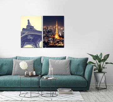 Sinus Art Leinwandbild 2 Bilder je 60x90cm Paris Eiffelturm Frankreich Japan Tokio Wolkenkratzer Stadtlichter