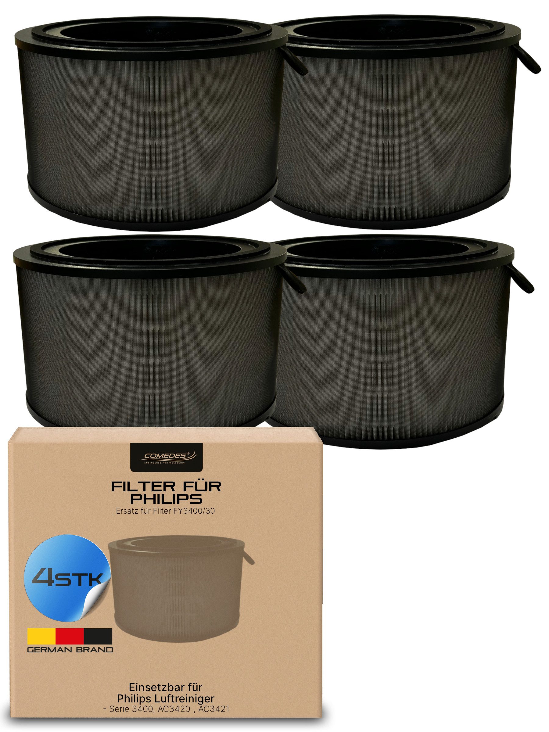 Comedes Filter-Set 4er-Set einsetzbar statt Philips FY3400/30 HEPA & Aktivkohle, Zubehör für AC3420 & AC3421 Luftreiniger