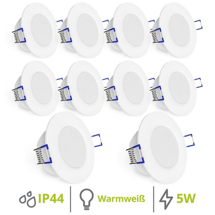 linovum LED Einbaustrahler 10er Set flache WEEVO LED Einbaustrahler Downlight 2700K 5W 230V Bad & Außen IP44 LED-Leuchtmittel fest verbaut LED-Leuchtmittel fest verbaut