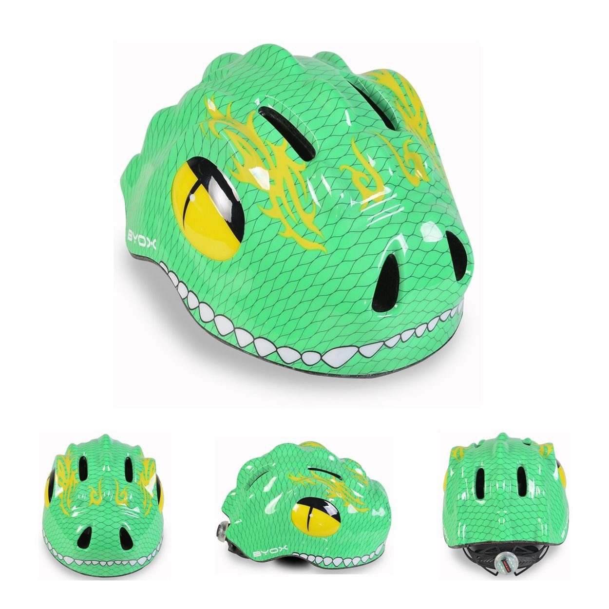 Byox Kinderhelm Y27 Dino, Größe S 48-54 cm, LED-Beleuchtung, 4 Löcher, einstellbar, EPS-Schale