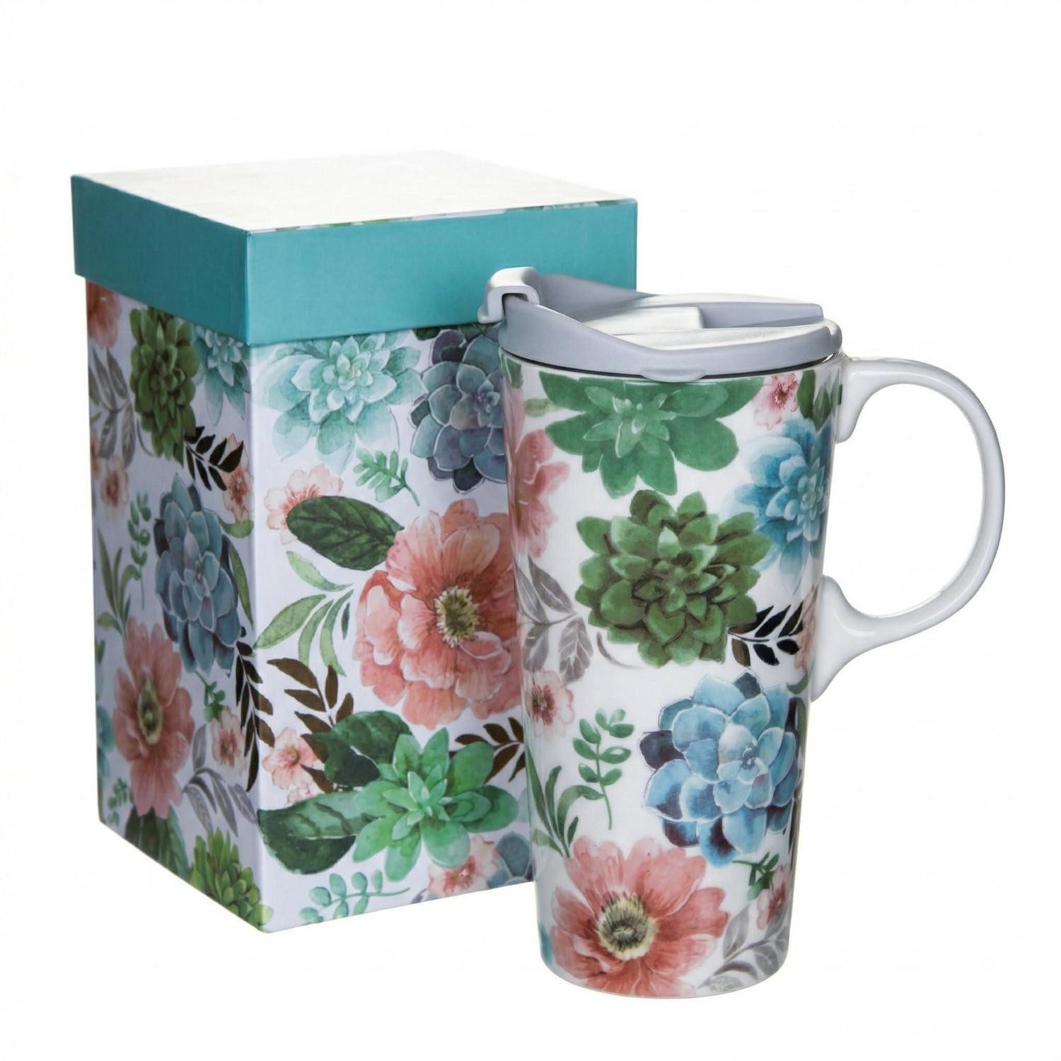 LuxusKollektion Tasse Kaffeebecher Keramik 500ml Blumen Blau, Keramik