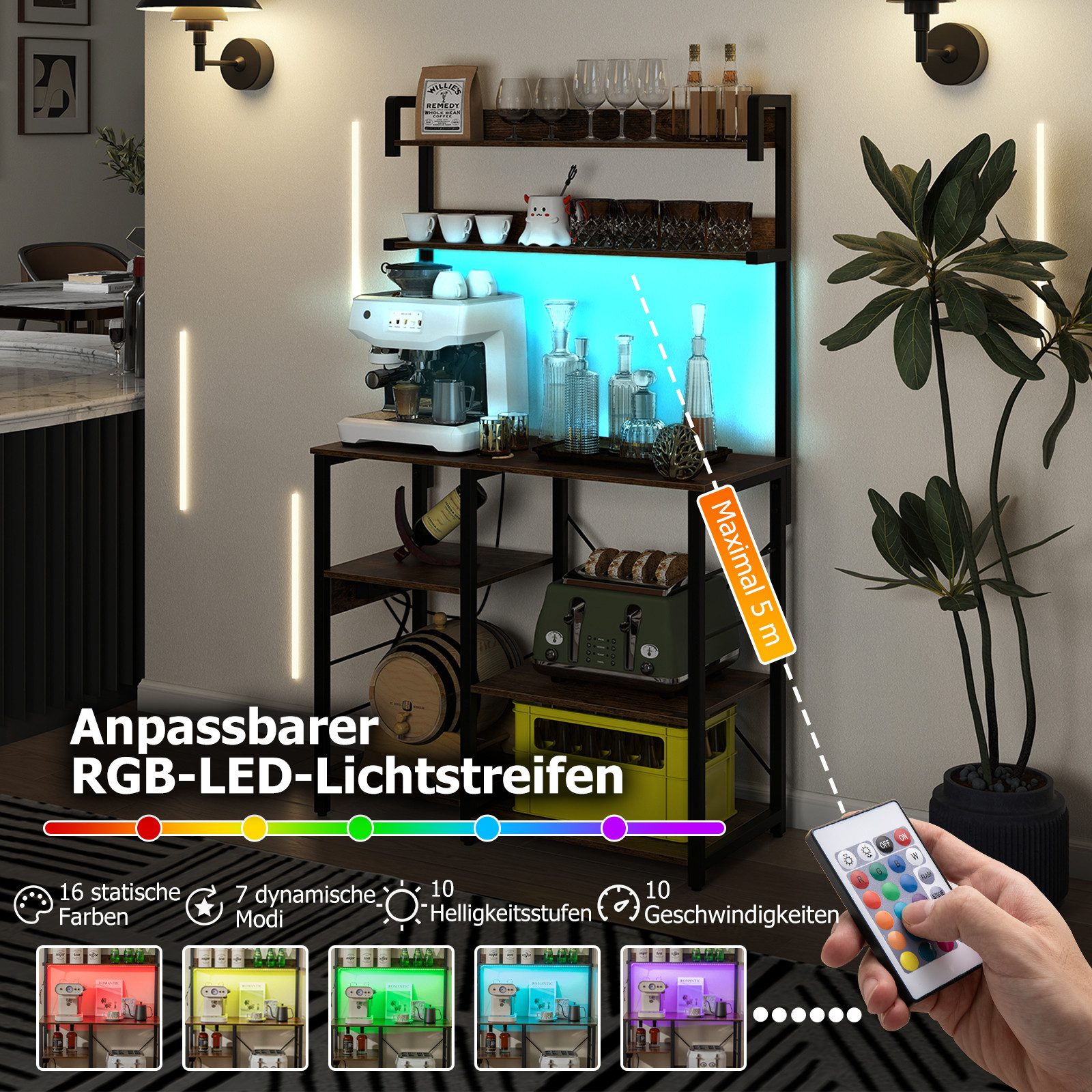 COSTWAY Küchenregal, Standregal mit LED-Beleuchtung & Steckdosen, 40,5 cm