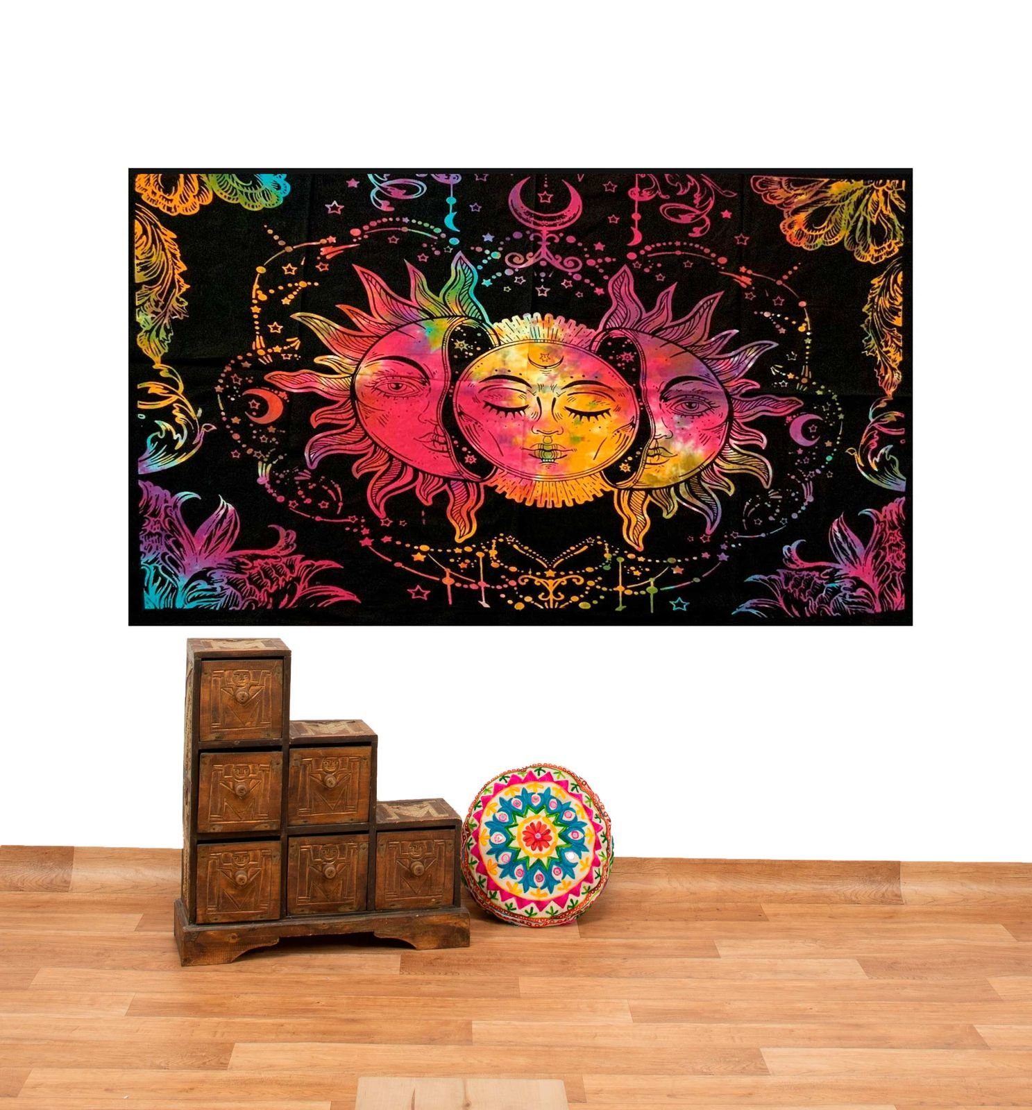 KUNST UND MAGIE Wandteppich Tagesdecke Wandbehang Bunt Sonne Mond und Sterne Hippie ca.200 x 140cm