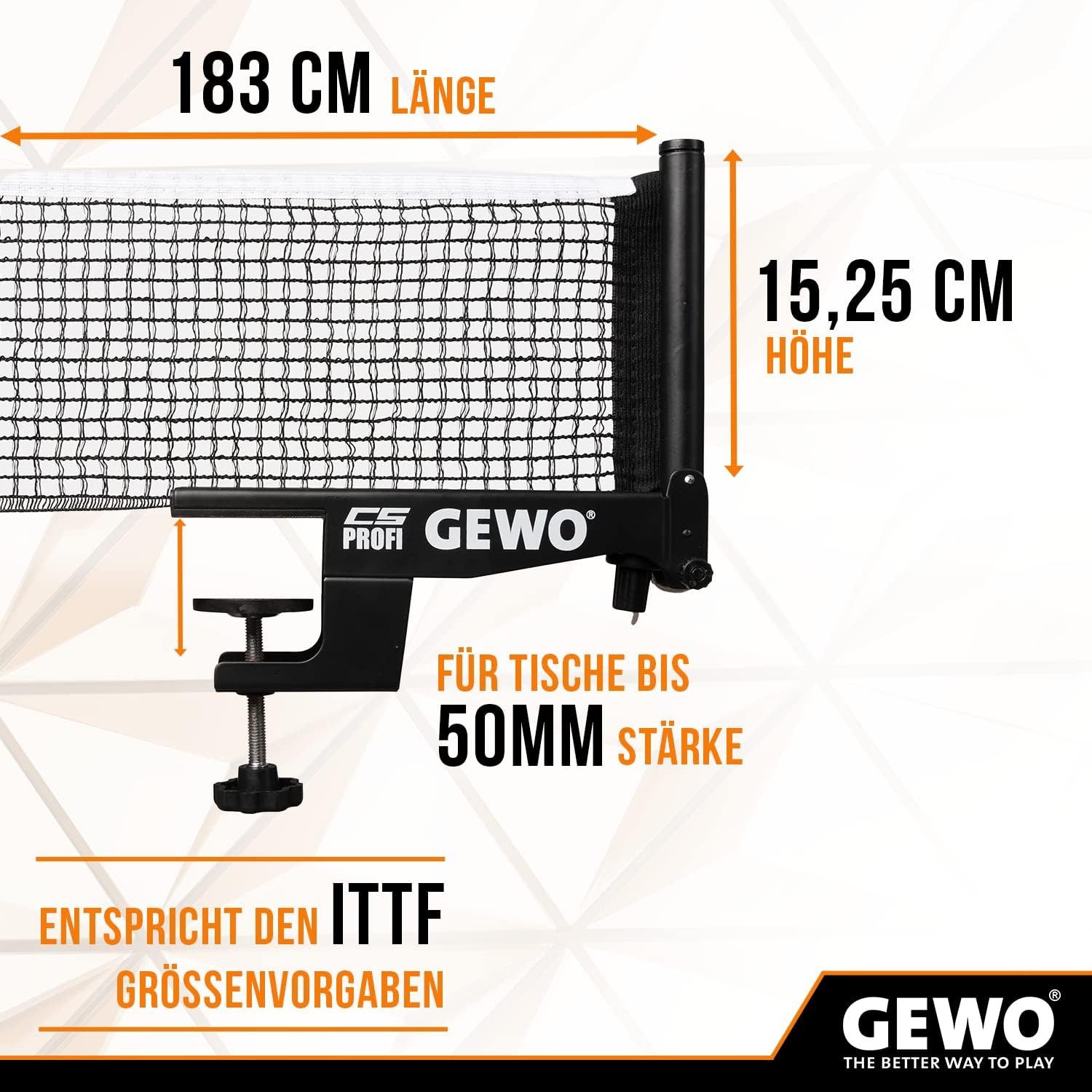 Gewo Tischtennisnetz CS Profi, 183cm lang, Metallgarnitur, Tischtennisnetz schwarz