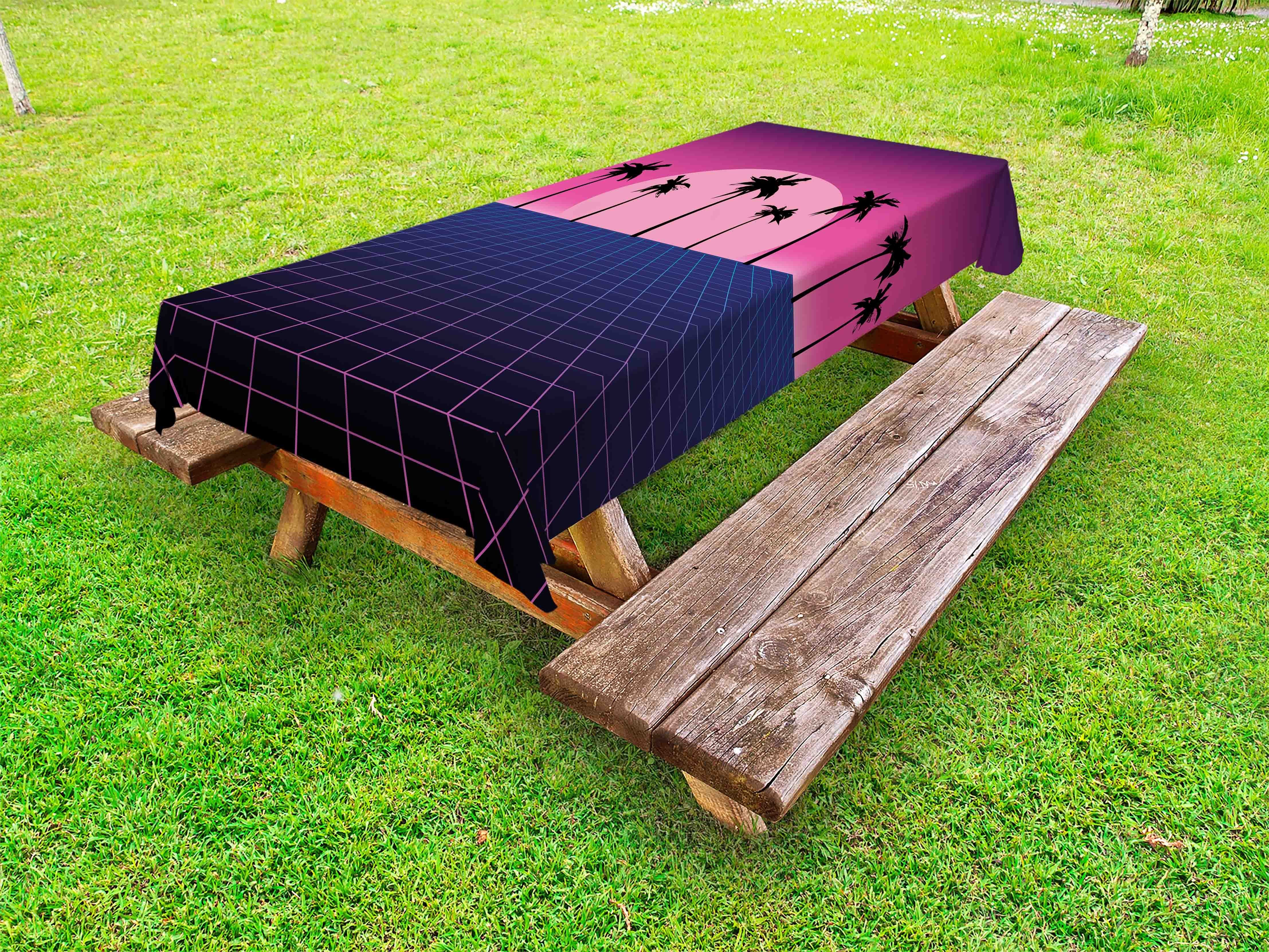 Abakuhaus Tischdecke dekorative waschbare Picknick-Tischdecke, Synthwave Retro Grid Palmen und Mond | Tischdecken