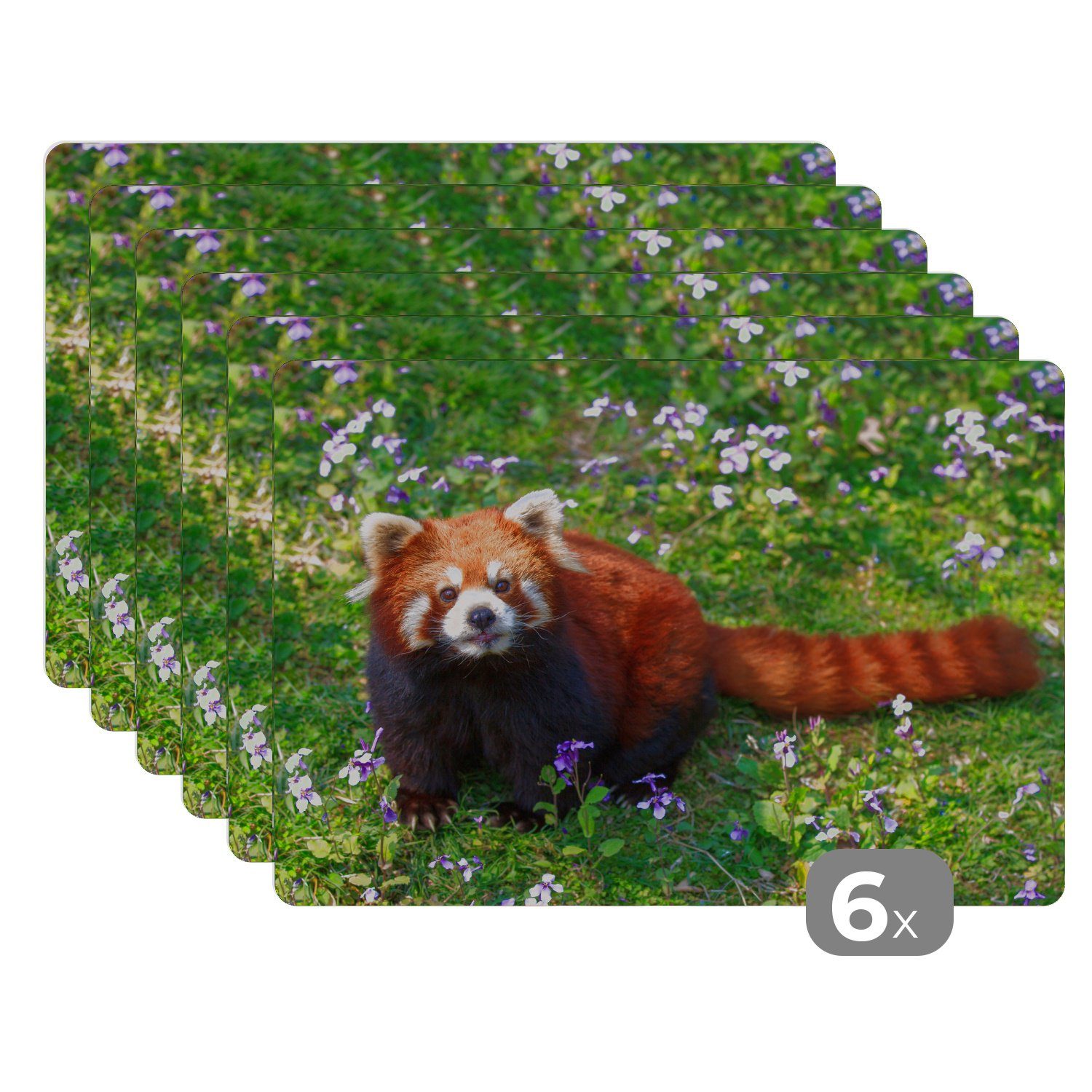 Platzset, Roter Panda - Blumen - Lila, MuchoWow, (6-St), Platzset, Platzdecken, Platzmatte, Tischmatten, Schmutzabweisend