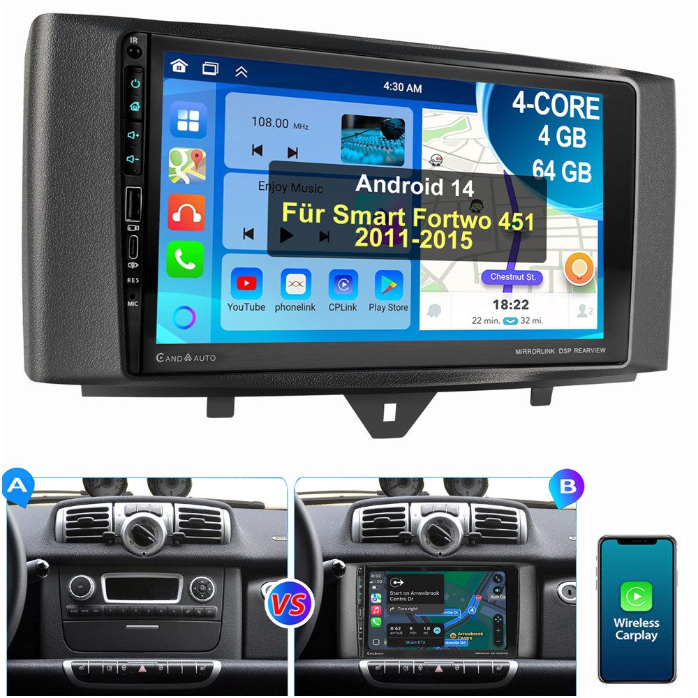 Für Smart Fortwo 451 2011-2015 Android Auto USB Carplay Autoradio