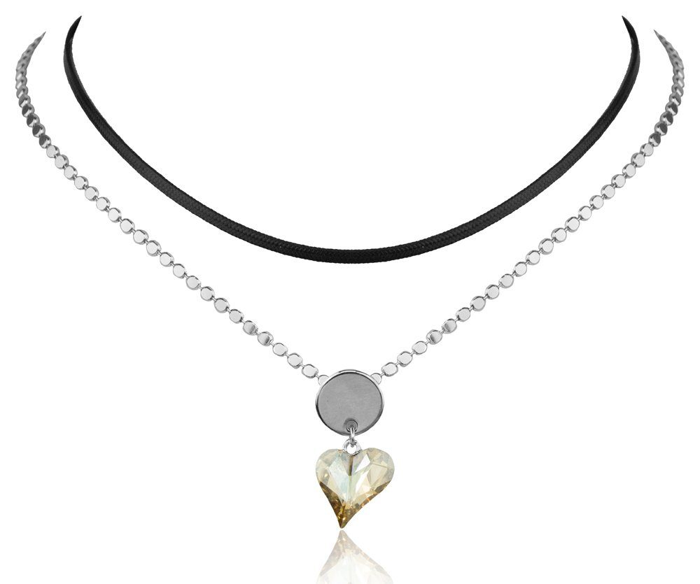 LUISIA® Kette mit Anhänger Doppelte Halskette mit Kristallen von Swarovski®  - Herz und schwarzem Band (inkl. Schmuckbox)