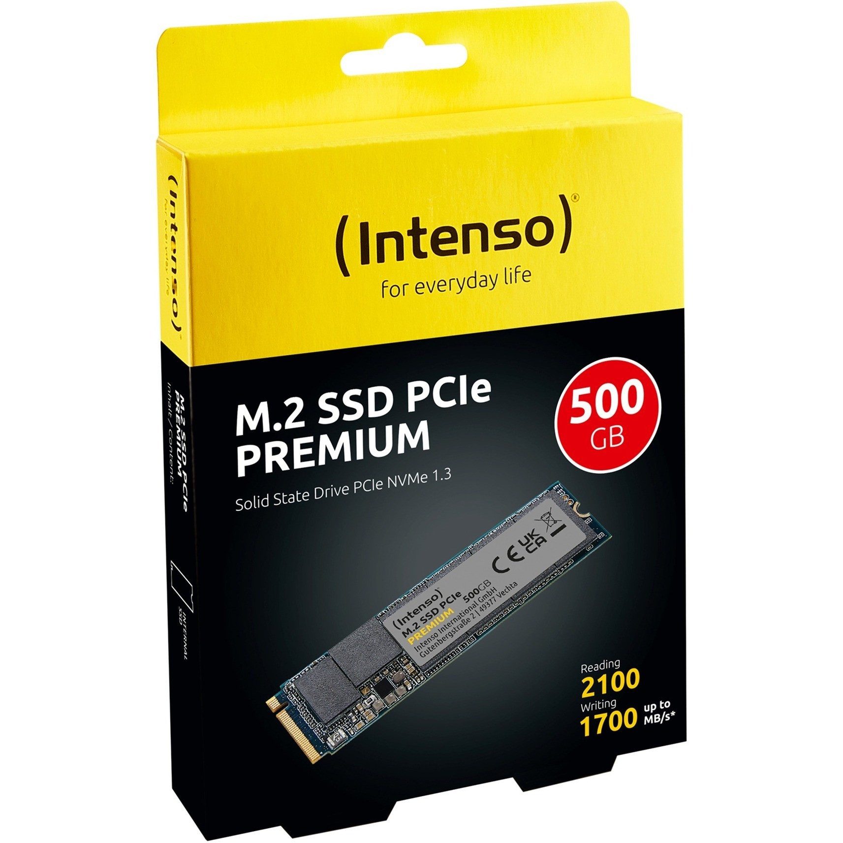 Intenso PCIe Premium 500GB NVMe SSD Gen3 M.2 interne SSD (500 GB) M.2" 2100 MB/S Lesegeschwindigkeit, 1700 MB/S Schreibgeschwindigkeit, PCIe Gen3x4, NVMe 1.3, SLC Cache, 3D NAND