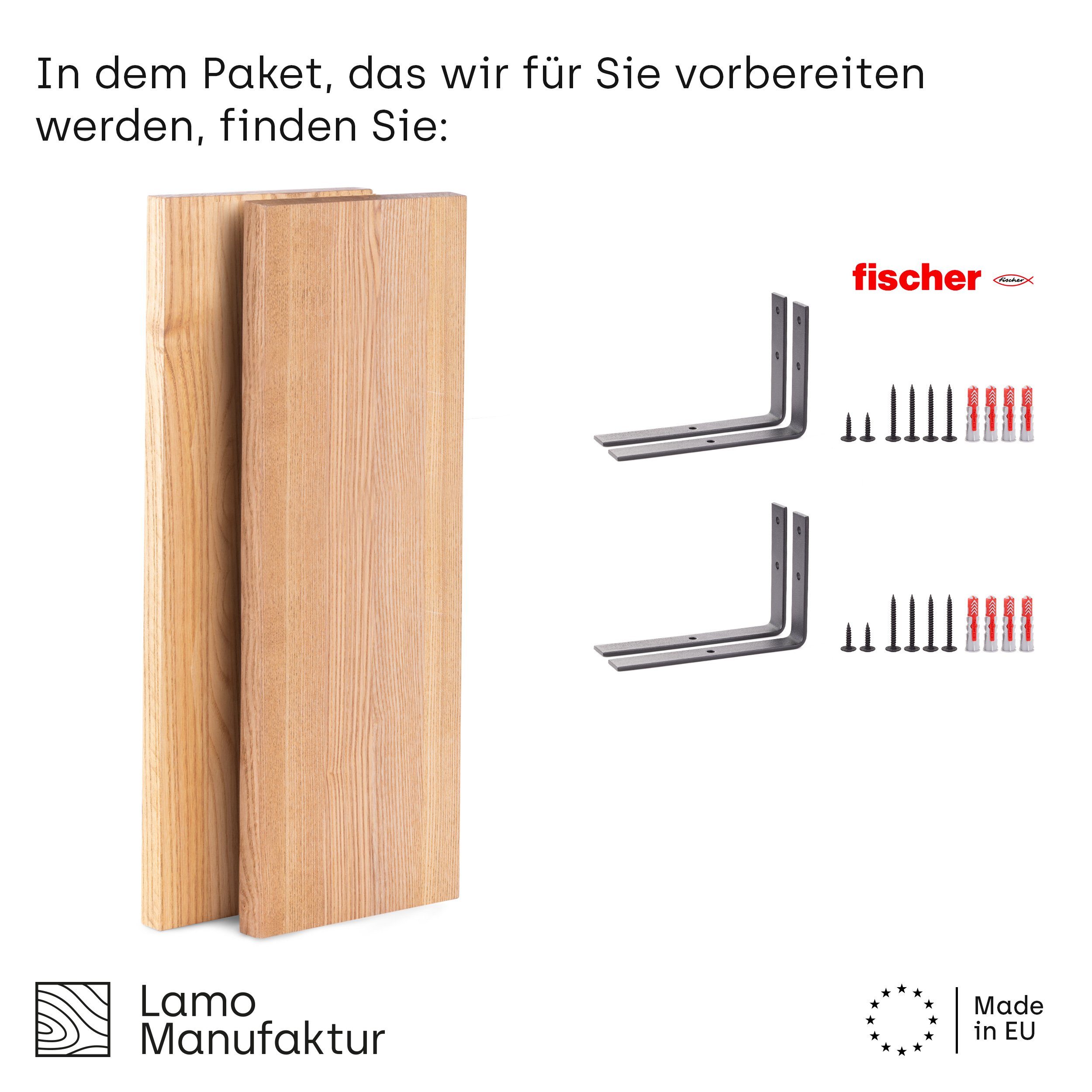 LAMO Manufaktur Wandregal LAMO Manufaktur 2 Stück Wandregal Holz 2x 42cm, Schweberegal Massiv 100% Echtholz, Wandregale SET 4 Gerade Farbe: Natur