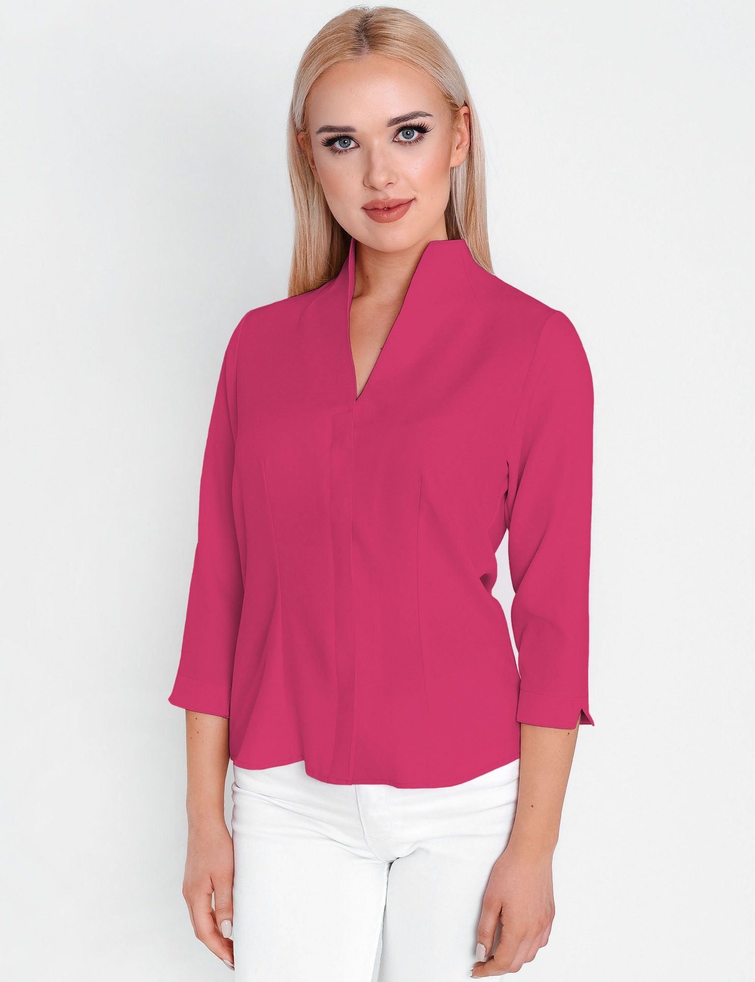 HEVENTON Klassische Bluse 3/4-Ärmel, Business-Bluse mit Kelchkragen, bügelleicht Pink