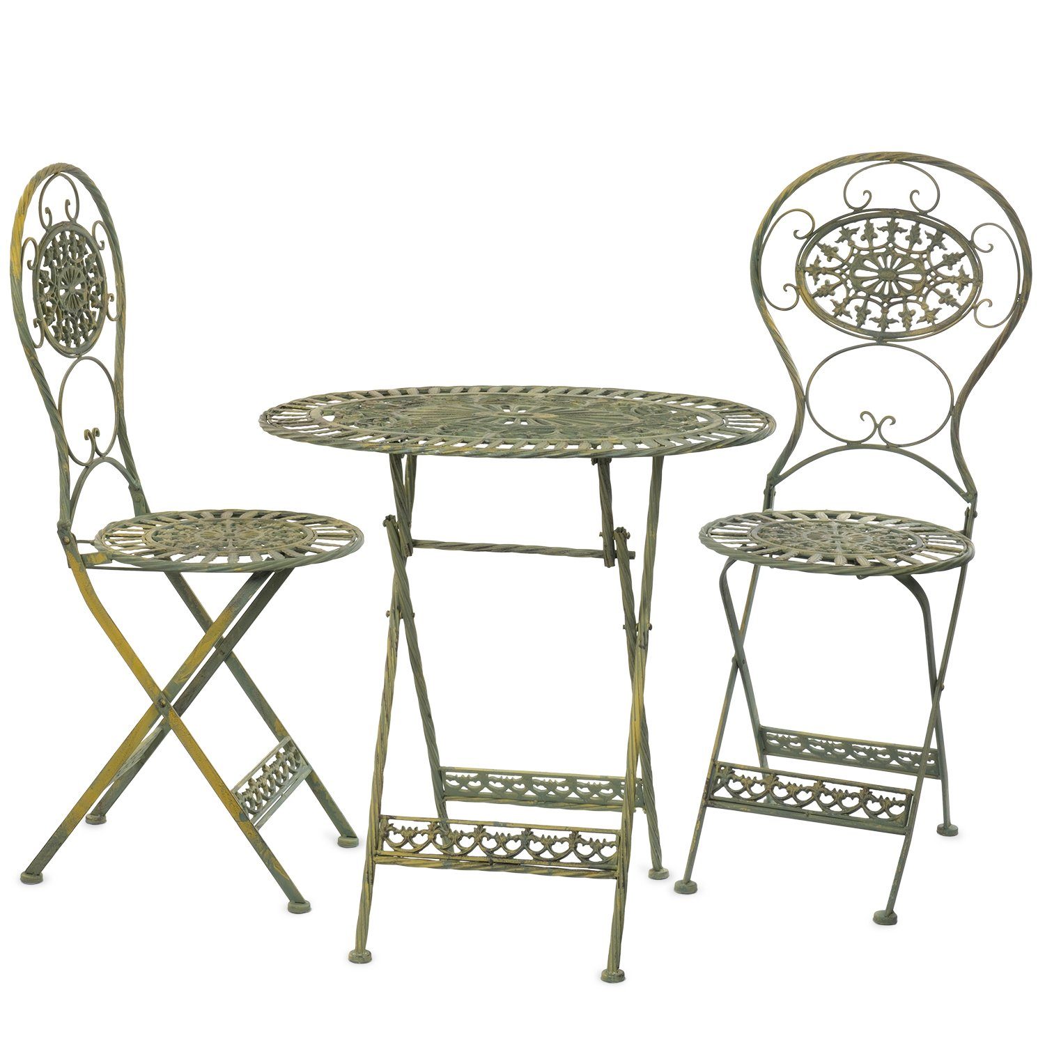 Set aus 3-teilig, Balkonmöbel Paradiso grün Essgruppe Bistrotisch Bistro-Set Moritz Bistrostühle Gusseisen Gartendeko