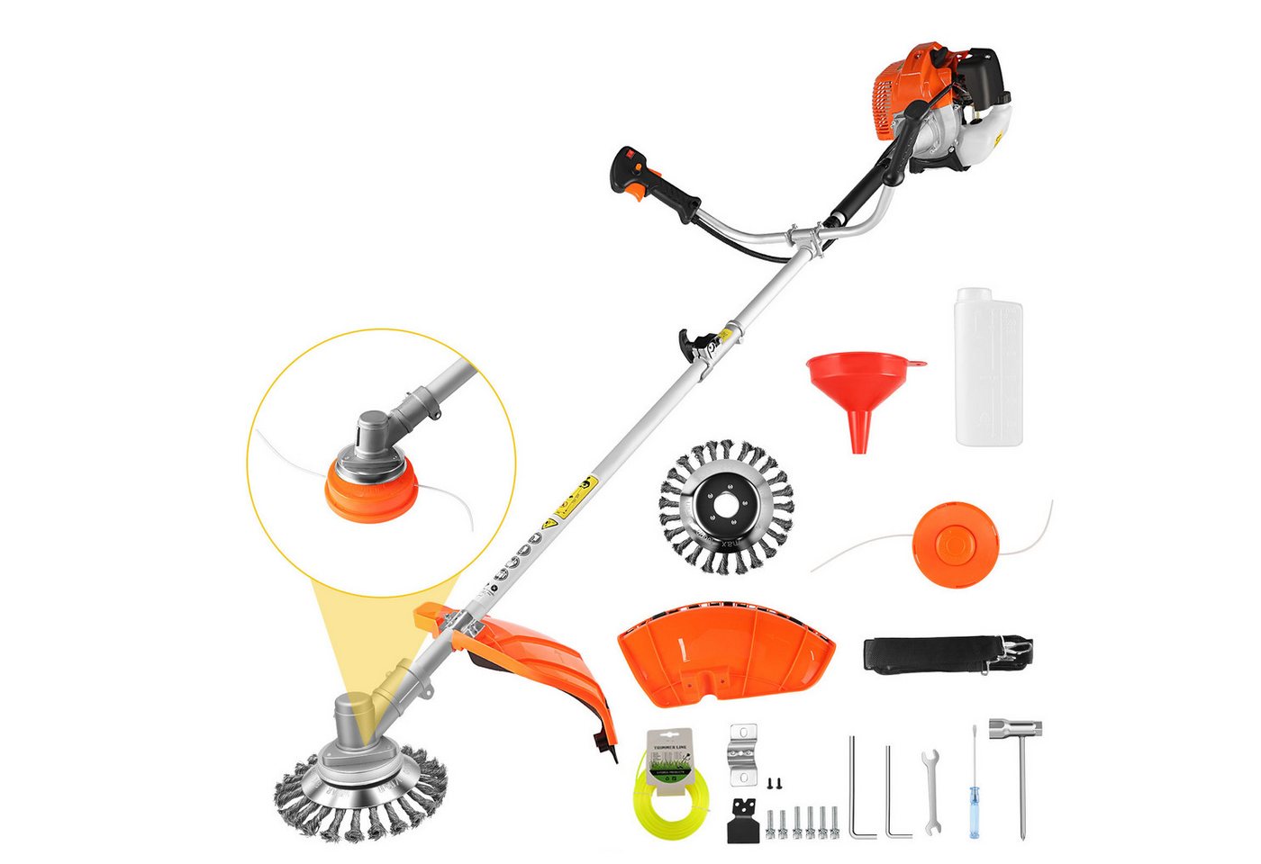 CONENTOOL Benzin-Motorsense Multifunktions Rasentrimmer mit austauschbaren Aufsätzen, 35 cm Arbeitsbreite Faden, 2-in-1 Rasentrimmer mit austauschbarem Fadenkopf & Stahlbürste