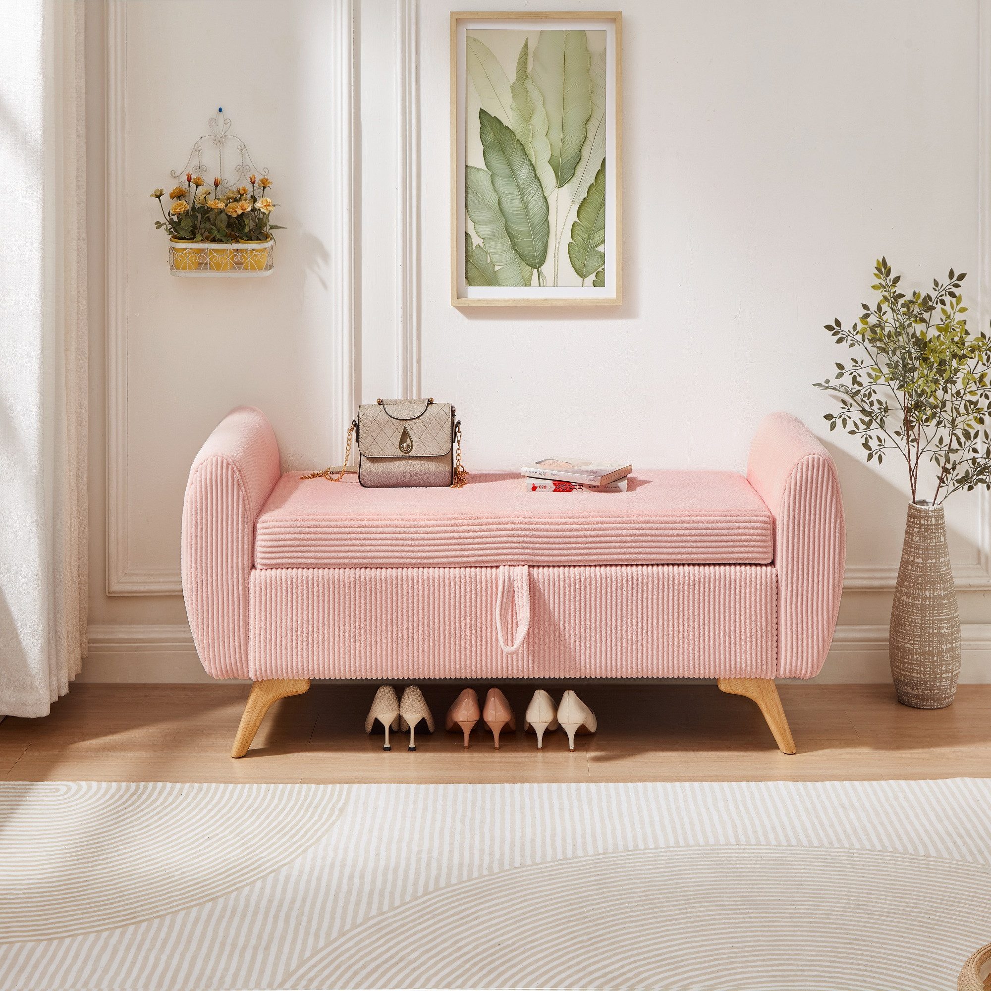 i@home Bettbank Truhenbank mit Stauraum, Armlehne klappbare Cord‑Sitzbank (mit Massivholzbeinen, atmungsaktiver Cordstoff, 1-St), gepolsterte Polsterbank für Schlafzimmer, Flur & Wohnzimmer