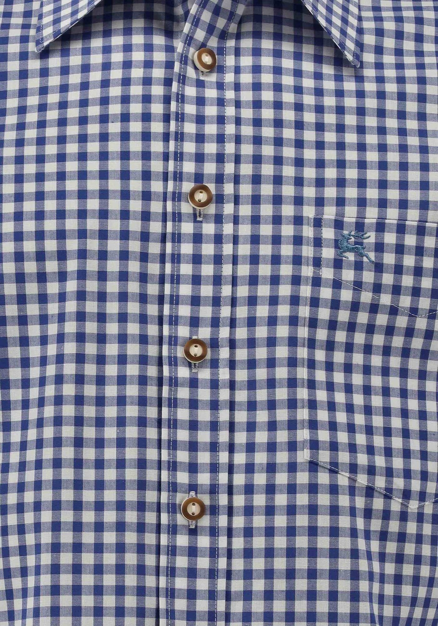 Trachtenhemd mit mit aufgesetzter Hirsch-Stickerei Langarmhemd OS-Trachten Ukazui Brusttasche mittelblau