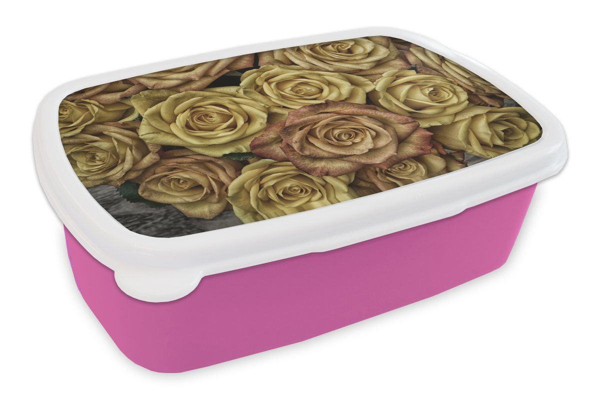 MuchoWow Lunchbox Rosen - Gold - Braun - Blumenstrauß, Kunststoff, (2-tlg), Brotbox für Erwachsene, Brotdose Kinder, Snackbox, Mädchen, Kunststoff rosa