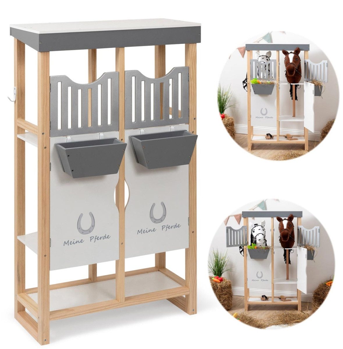 ELLA & PIET® Steckenpferd Hobby Horse Stall SHELTY aus Holz mit 2-teiliger Stalltür (Holz-Weiß)