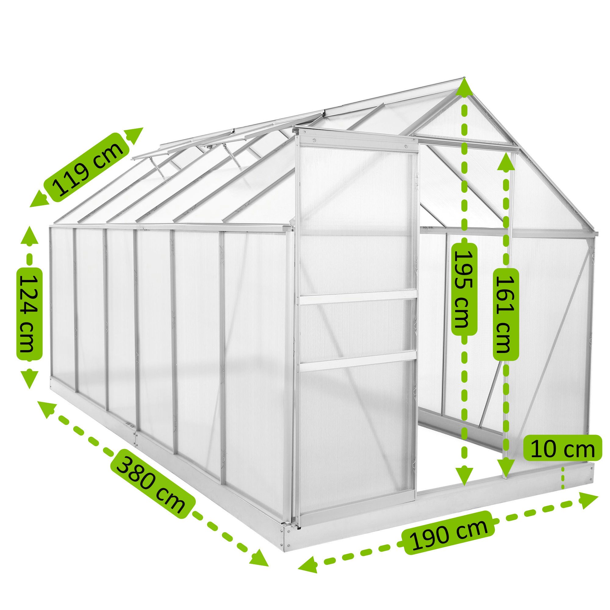 Zelsius Gewächshaus Zelsius Aluminium Gewächshaus mit Fundament, 380 x 190 cm, 6 mm Hohlka, BxTxH: 190 x 380 x 195 cm, 6.00 mm Wandstärke – Bild 4 von 5