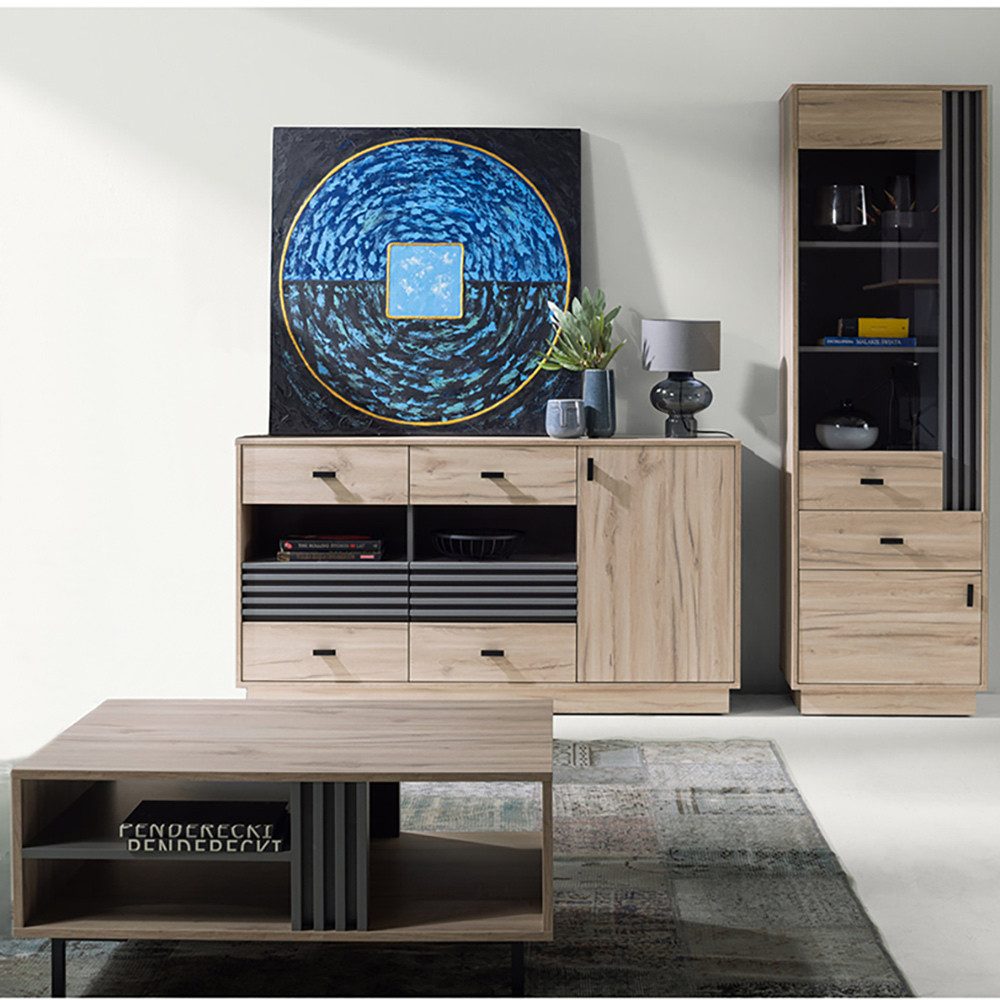 Lomadox Wohnzimmer-Set ANTIGUA-133, (Mega-Spar-Set, 3-St., Vitrine Sideboard Couchtisch), in Eiche mit anthrazitfarbenen Details, viel Stauraum