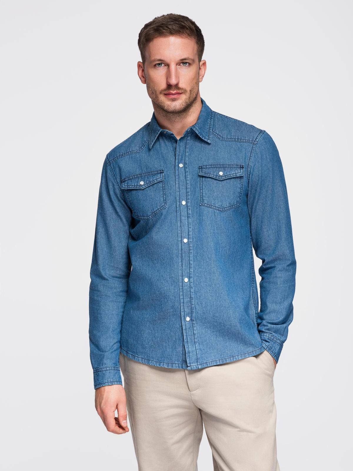 OMBRE Langarmhemd Jeanshemd mit Druckknöpfen und Brusttaschen