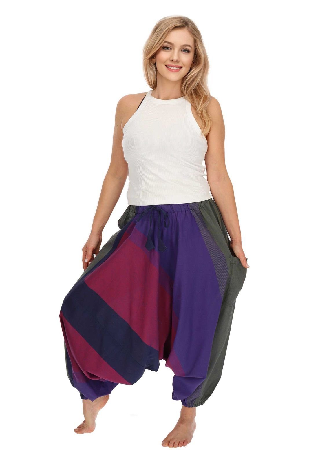 KUNST UND MAGIE Haremshose Unisex Haremshose onesize Bunt Hippie Goa Fair Boho Baggy Pluder-Hose Purple/Grey