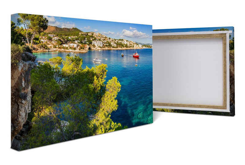 wandmotiv24 Leinwandbild Mittelmeer Küste, Mediterran, Boot, Meer, Landschaft (1 St), Wandbild, Wanddeko, Leinwandbilder in versch. Größen