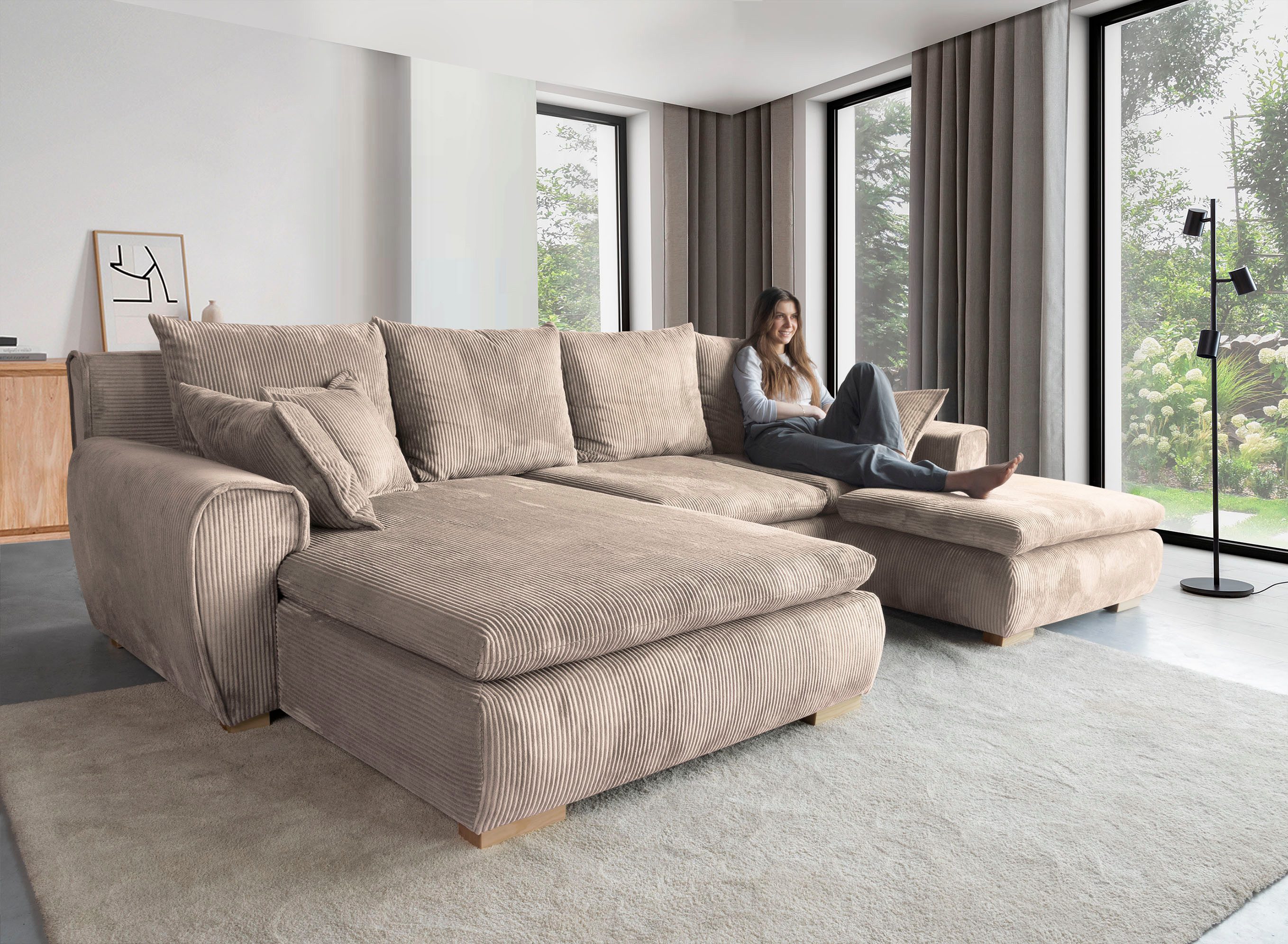 Home affaire Ecksofa Katja L-Form, Cord Bezug, inkl. Schlaffunktion und Stauraum
