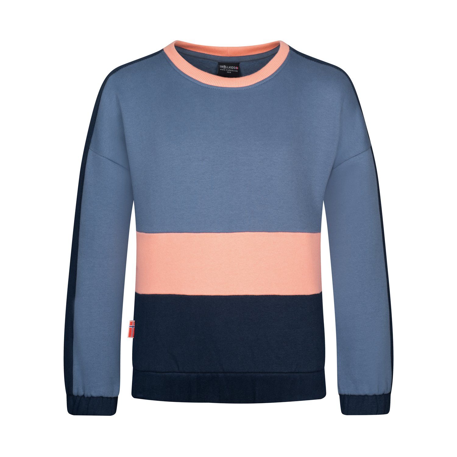 Verdal Sweatshirt TROLLKIDS Lotusblau/Marine/Dahlienrosa Bio-Baumwolle