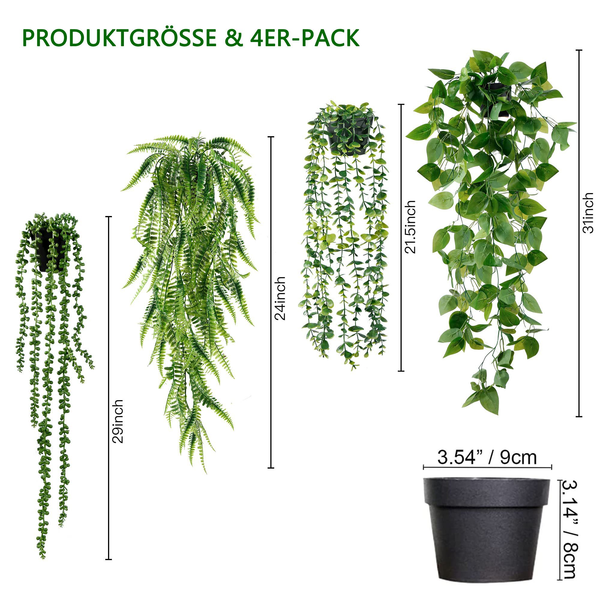 Kunstranke Kunstpflanze Set mit 4 künstlichen Hängepflanzen, Diwzbyn, für Büro, Wohnzimmer, Badezimmer, Innen- und Außendekoration – Bild 5 von 5